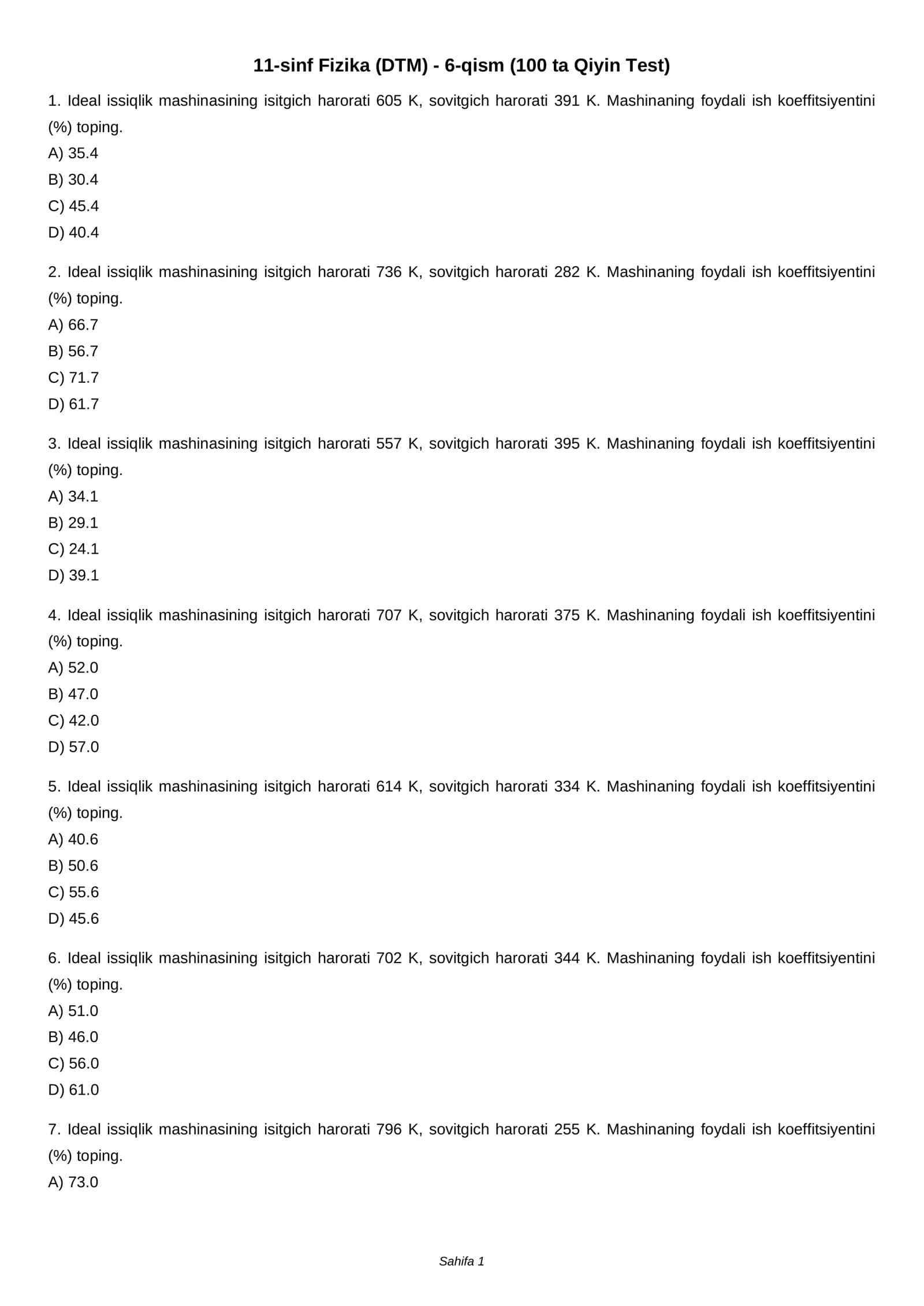 11-sinf Fizika (DTM) - 6-qism (100 ta Qiyin Test)
