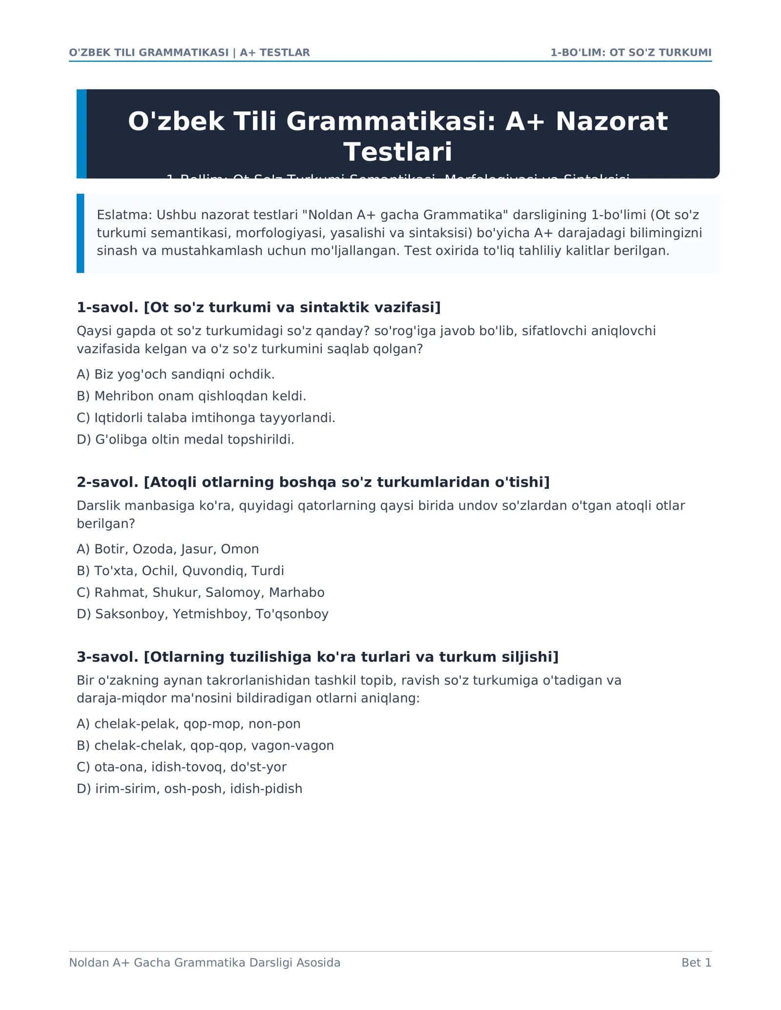 O'zbek Tili Grammatikasi: A+ Nazorat Testlari