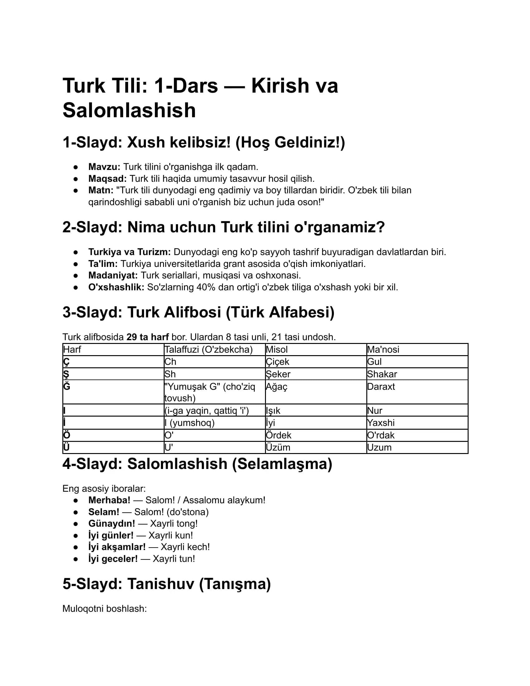 Turk tili mustaqil oʻqish uchun birinchi dars