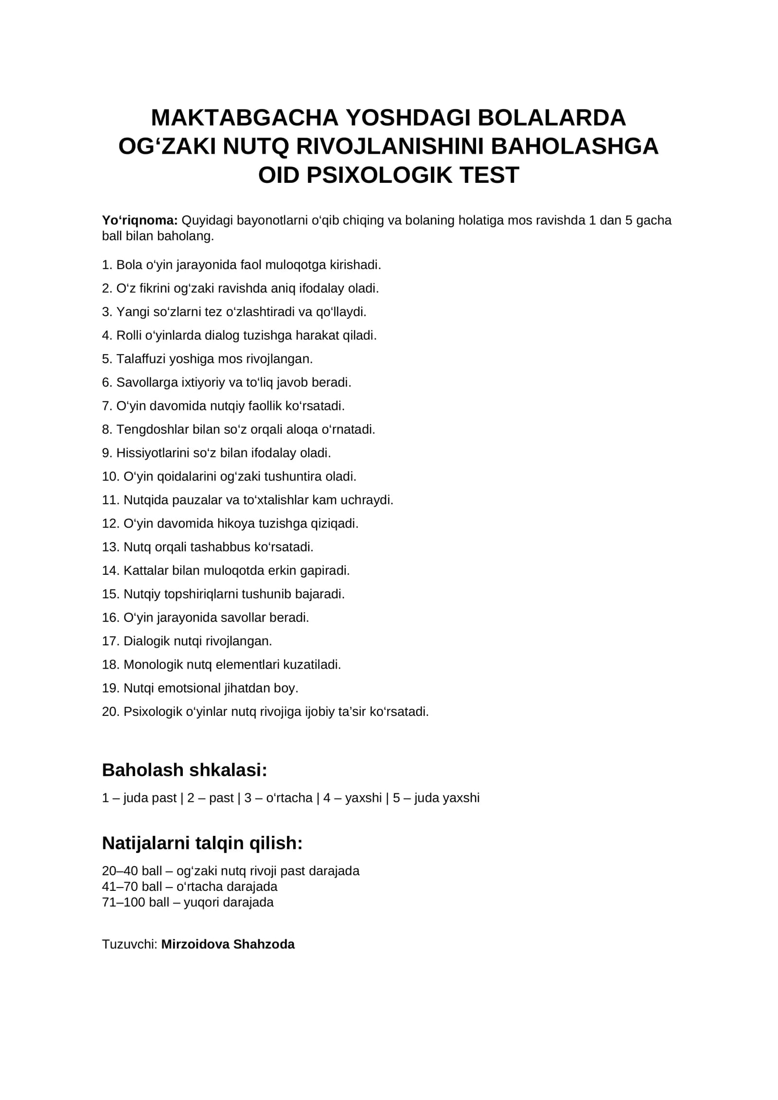 OG‘ZAKI NUTQ RIVOJLANISHINI BAHOLASHGA OID PSIXOLOGIK TEST