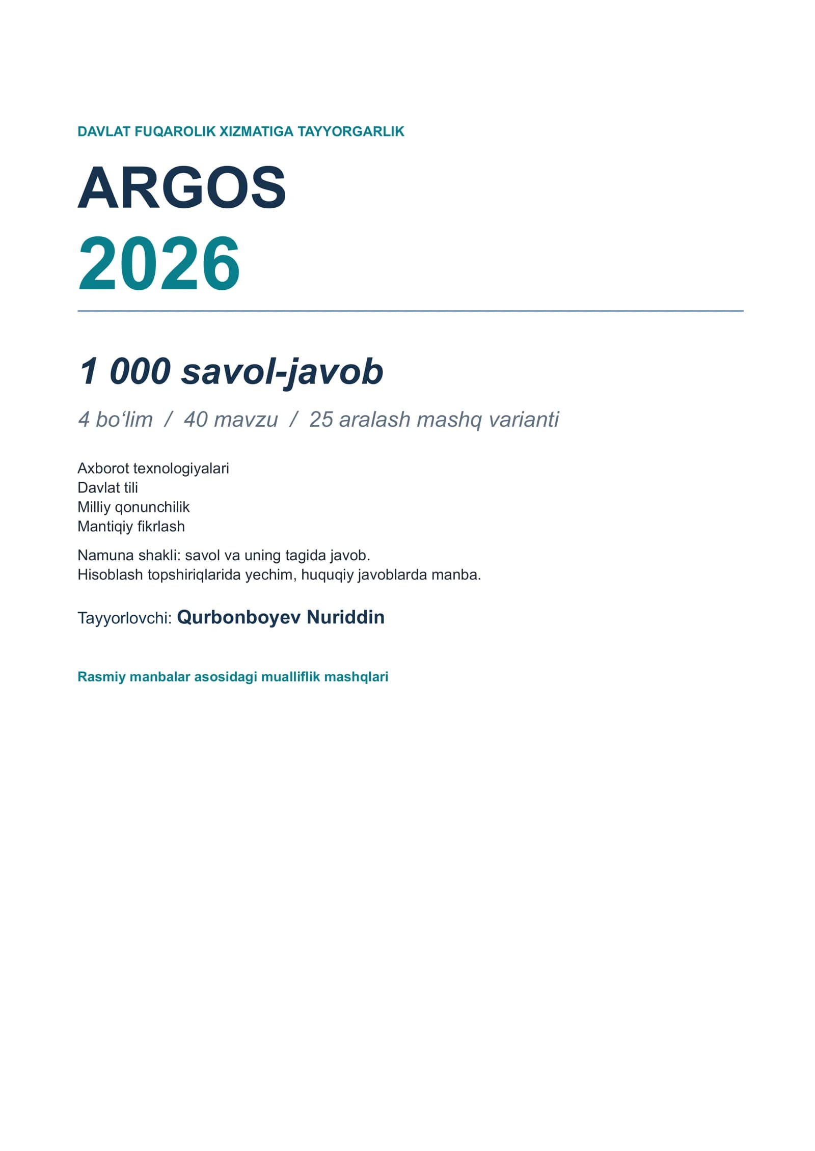 ARGOS 1000 ta test javoblari 2026