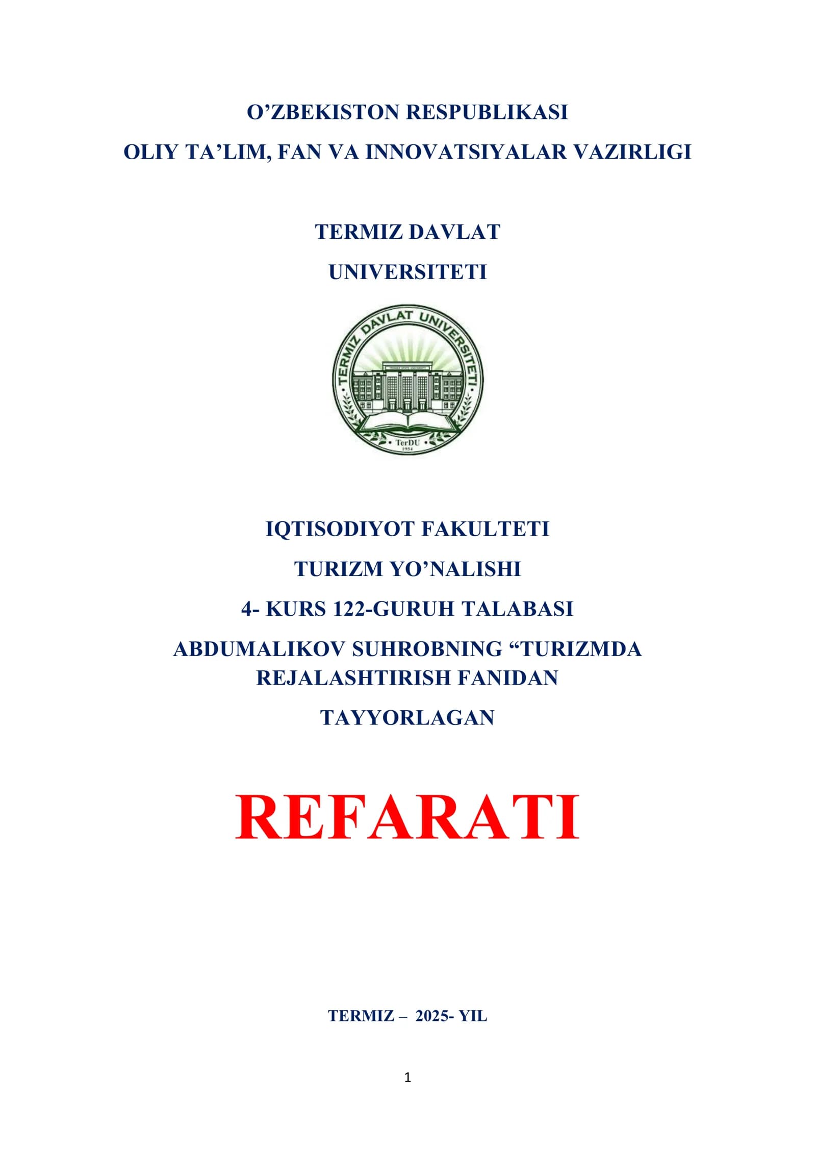 Turizmda Rejalashtirish Fanidan Tayyorlagan Refarati