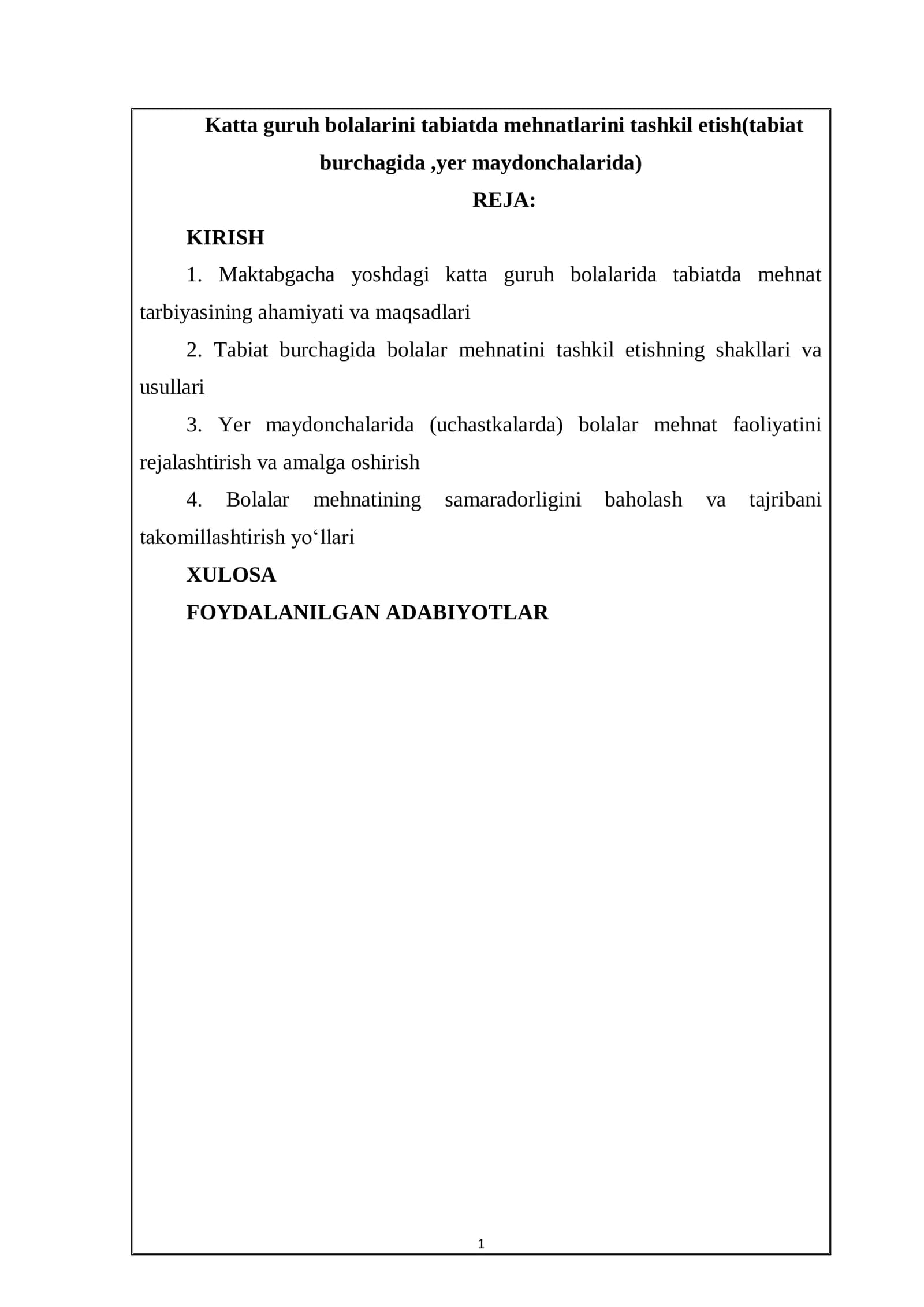 Maktabgacha yoshdagi bolalariga tabiatda mehnatlarini tashkil etish reja