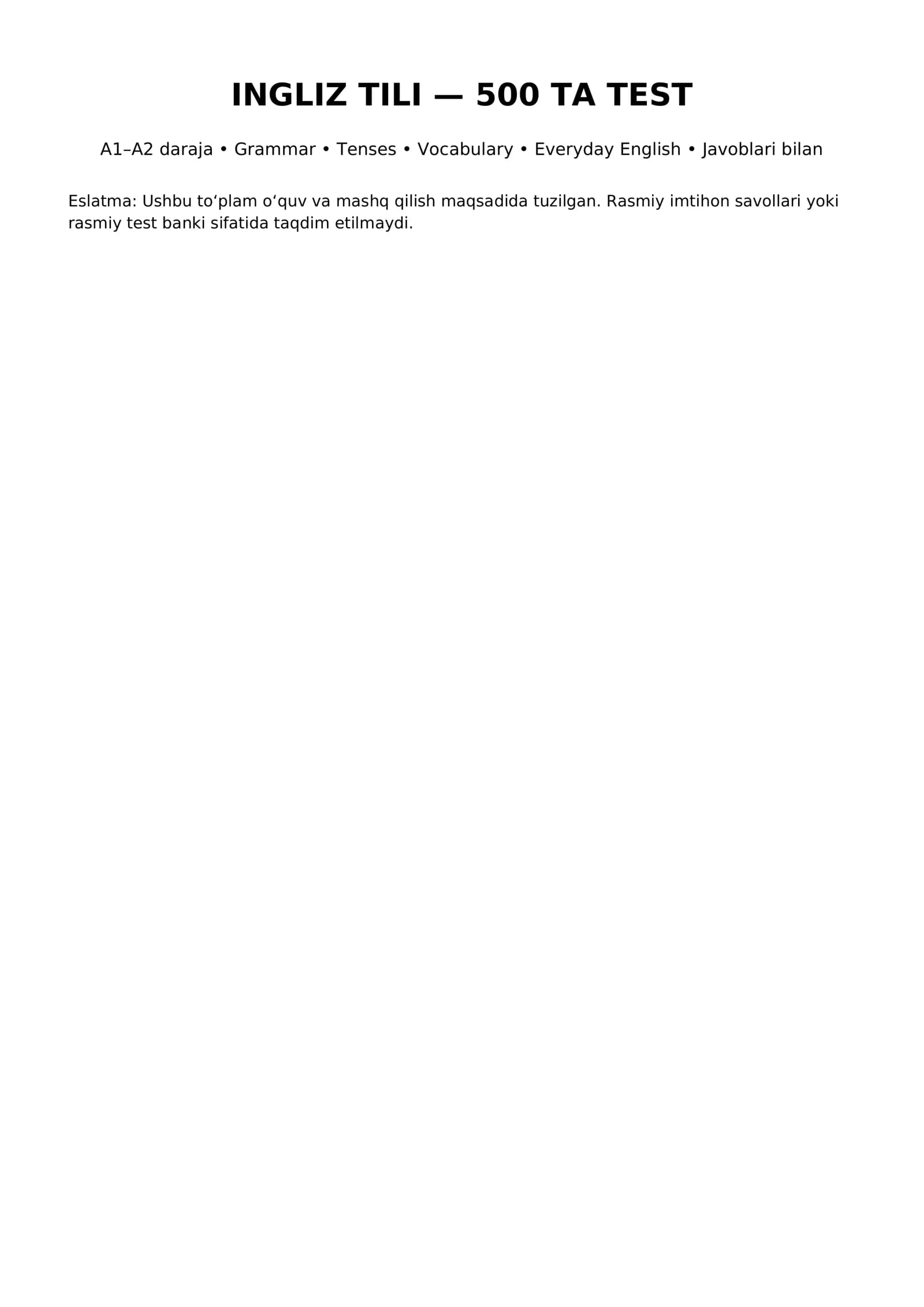 Ingliz tili 500 ta test — Grammar, Vocabulary va Tenses | Javoblari bilan