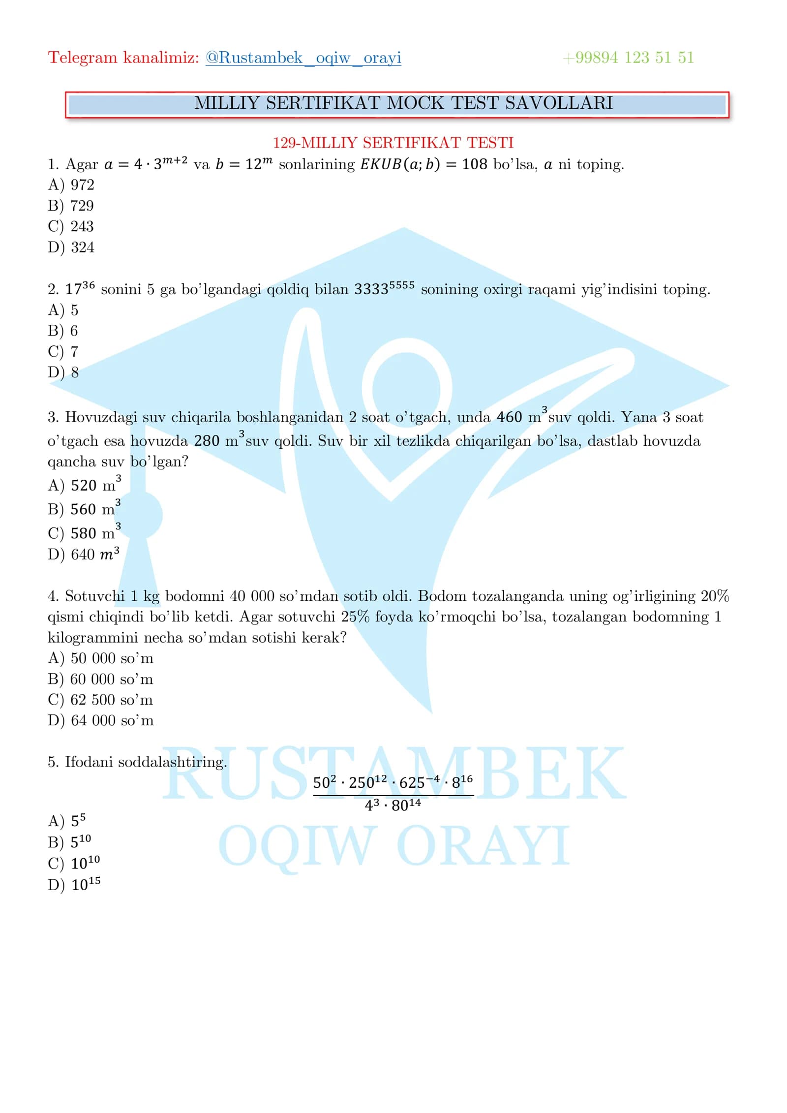 MILLIY SERTIFIKAT MOCK TEST SAVOLLARI