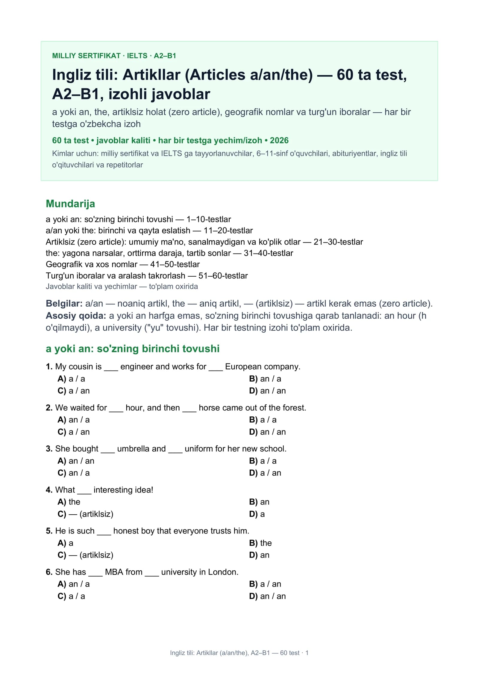 Ingliz tili: Artikllar (Articles a/an/the), A2–B1 — 60 test · 1