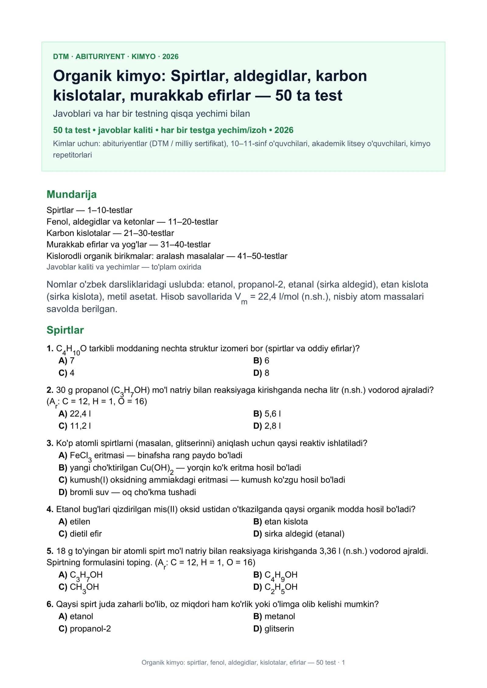 Organik kimyo: spirtlar, fenol, aldegidlar, kislotalar, efirlar — 50 test · 1