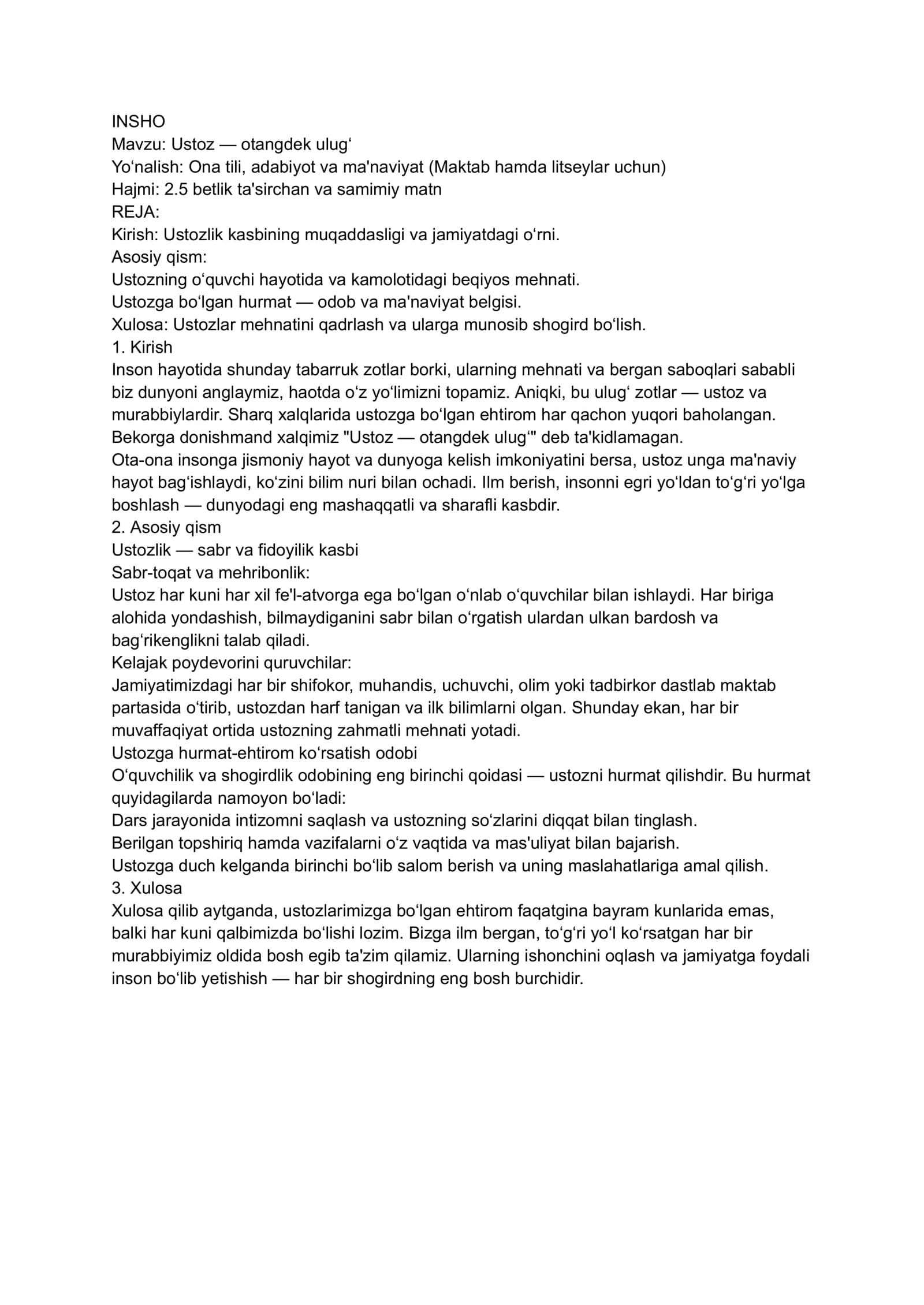 Ustoz — otangdek ulug‘