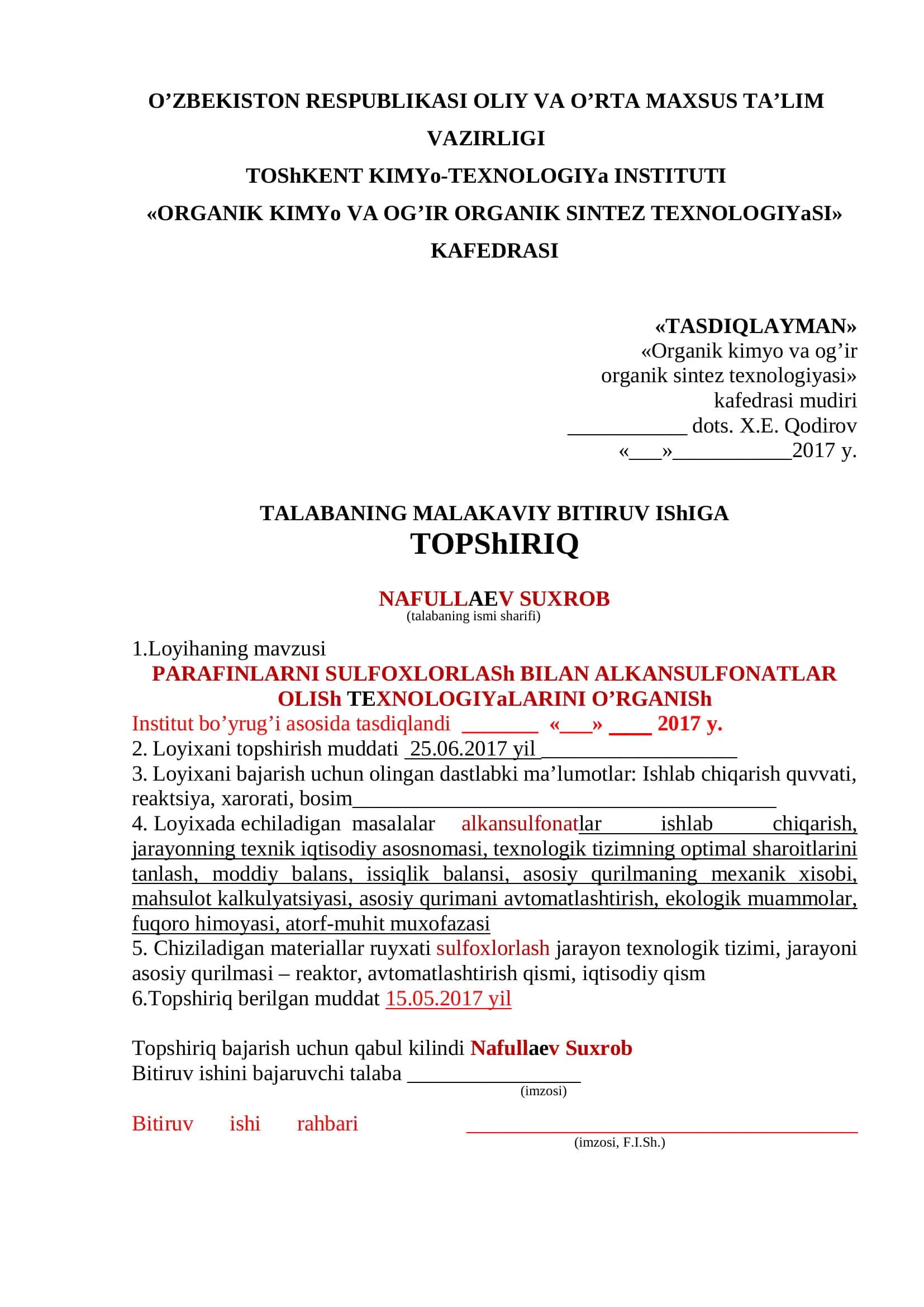 PARAFINLARNI SULFOXLORLASh BILAN ALKANSULFONATLAR OLISh TEXNOLOGIYaLARINI O’RGANISh