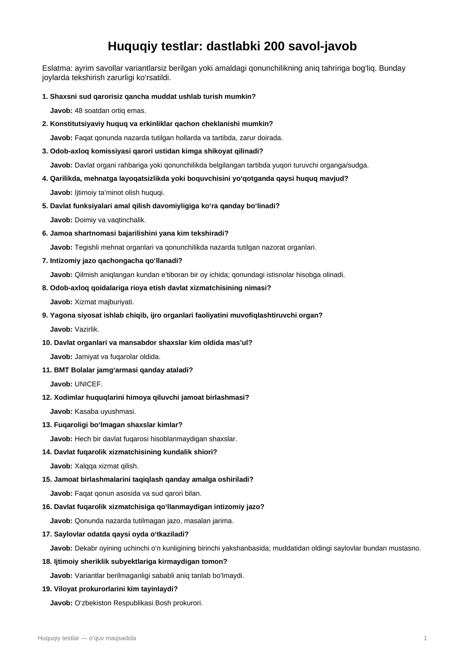 Huquqiy testlar 200ta Milliy qonunchilik