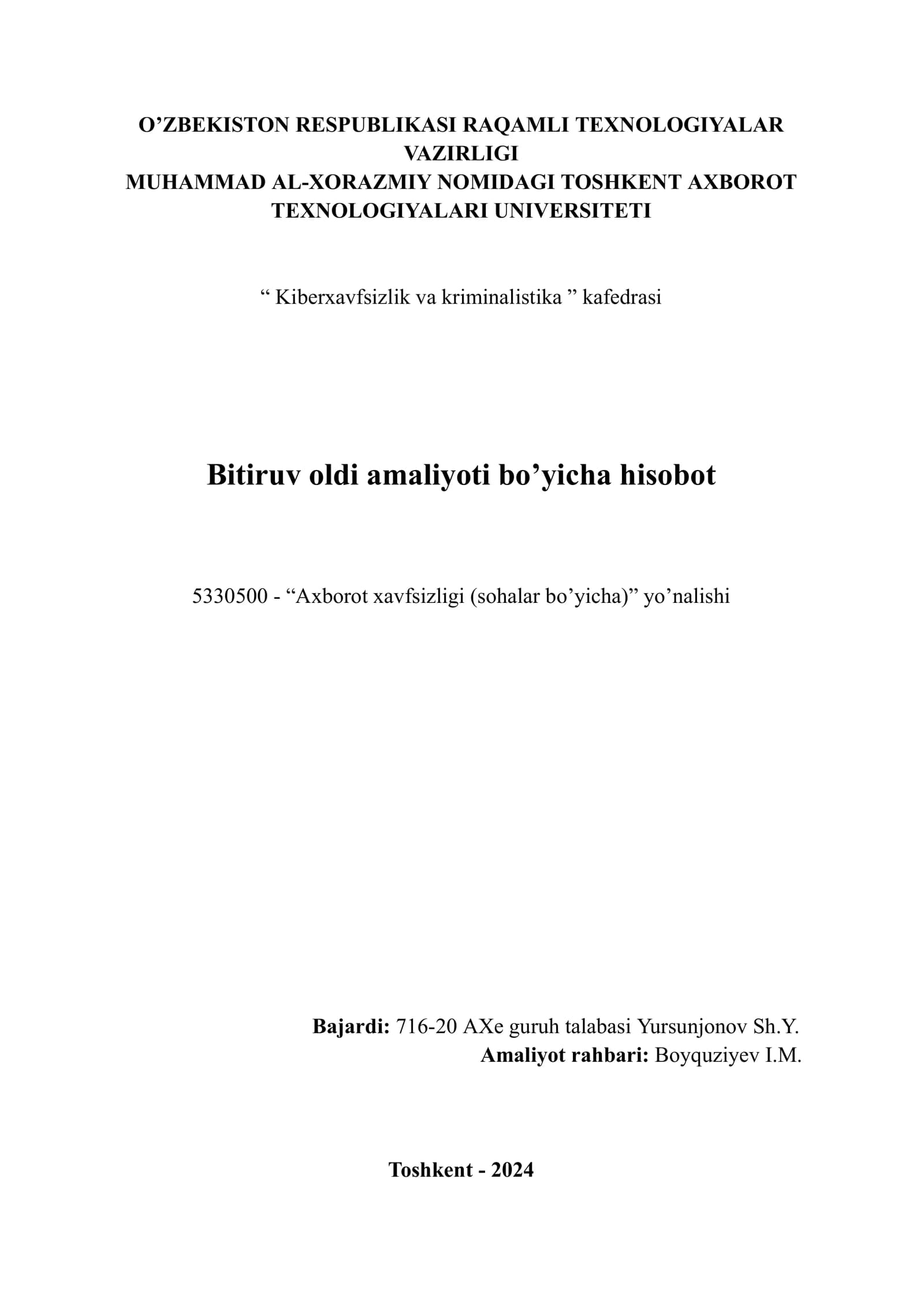 Bitiruv oldi amaliyoti bo’yicha hisobot