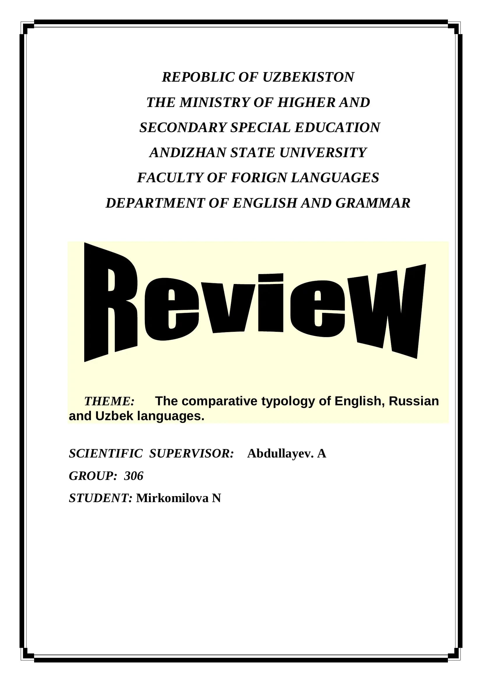 The comparative typology of English, Russian, and Uzbek languages