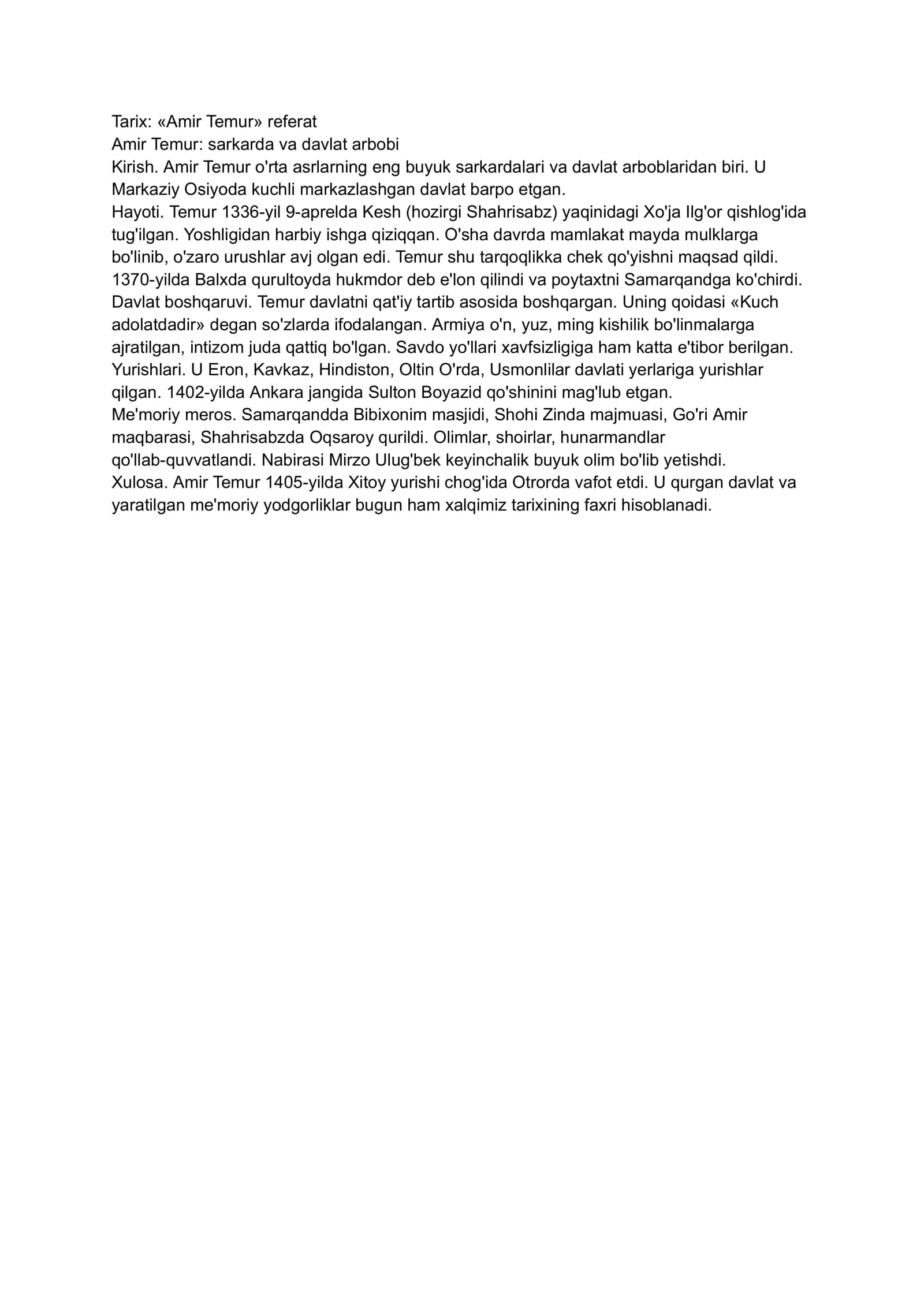 «Amir Temur» referat