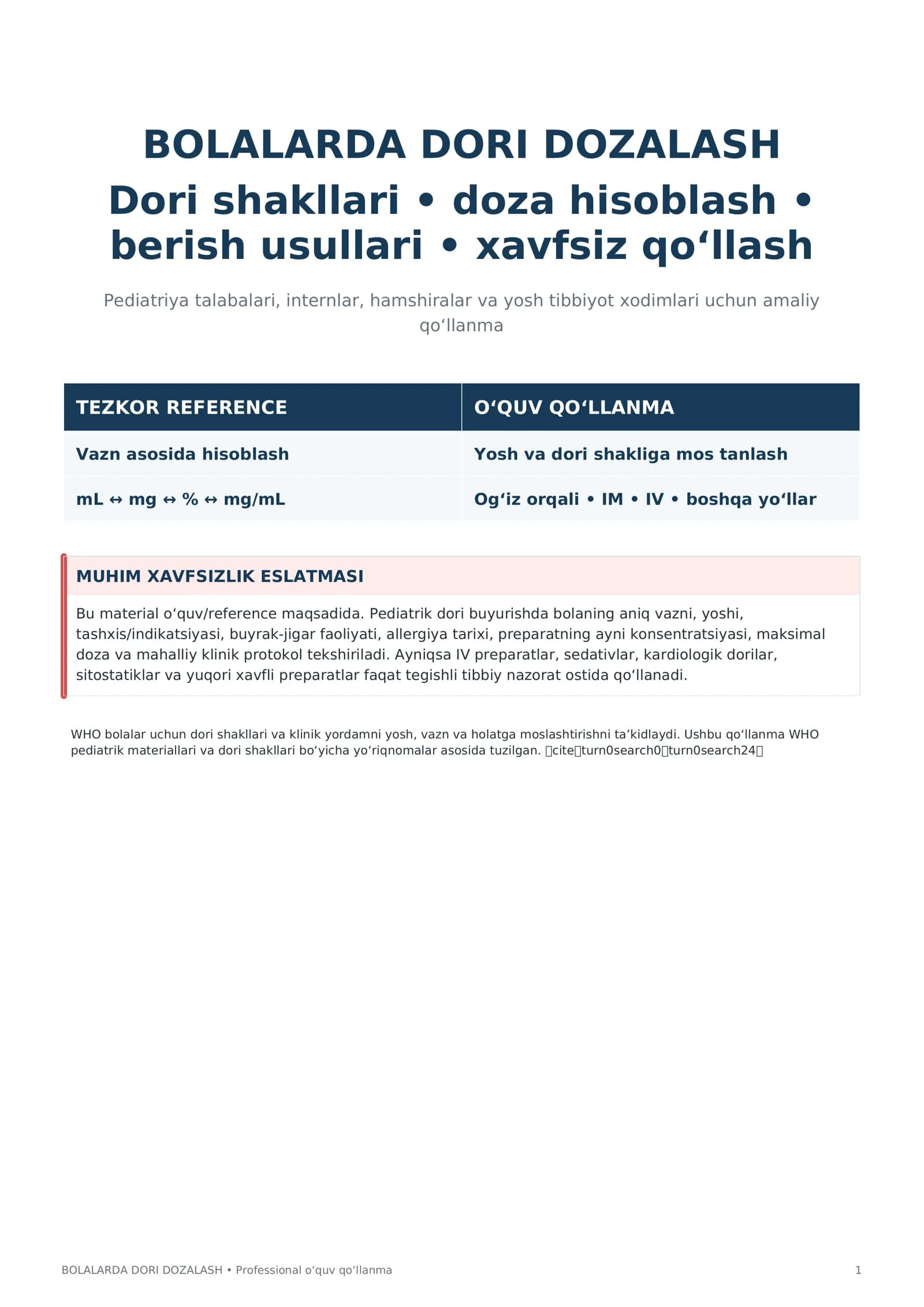 Bolalarda Dori Dozalash va Berish Usullari | Pediatriya Amaliy Qo‘llanma PDF