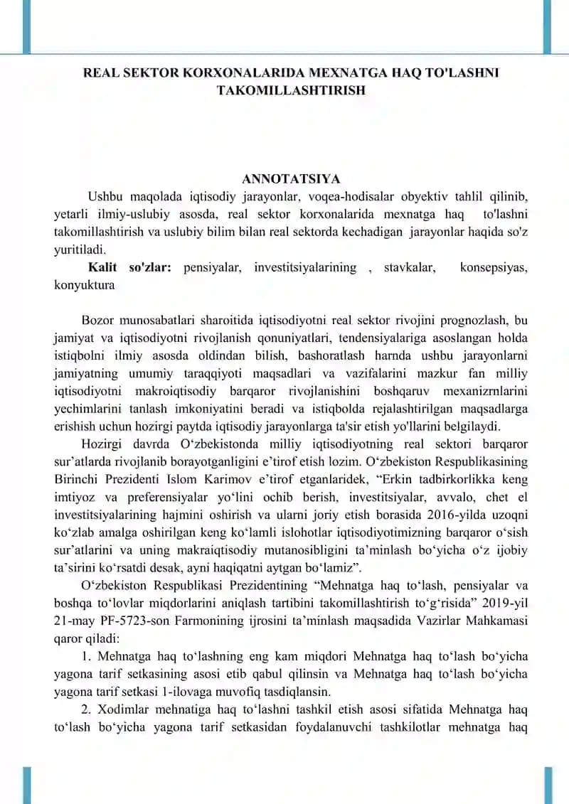 REAL SEKTOR KORXONALARIDA MEXNATGA HAQ TO'LASHNI TAKOMILLASHTIRISH