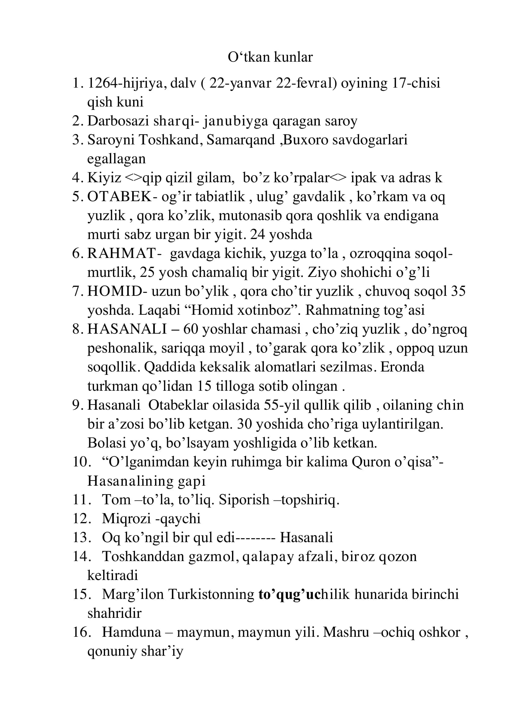 O'tkan kunlar kerakli ma'lumotlar