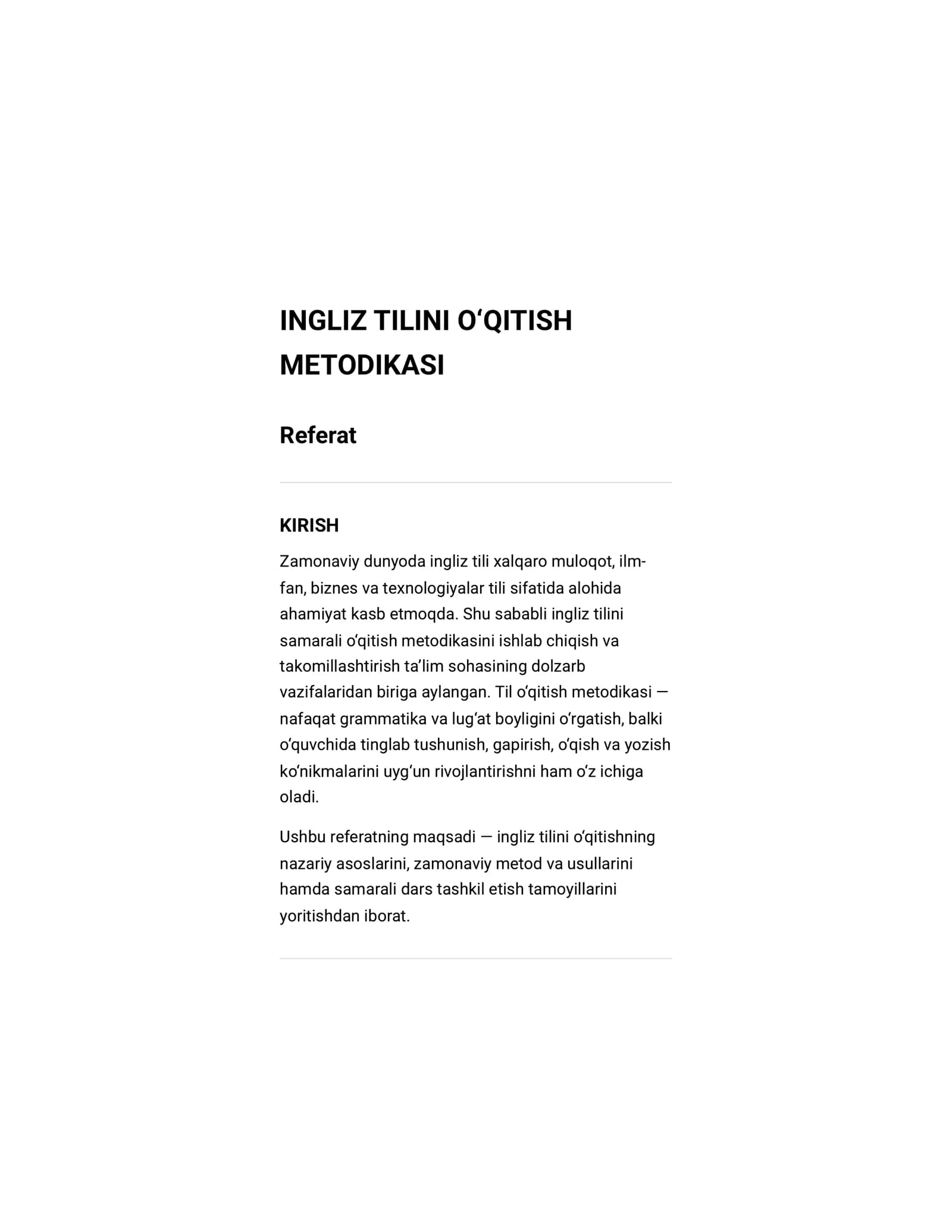 Referat Ingliz tilini oʻqitish metodikasi