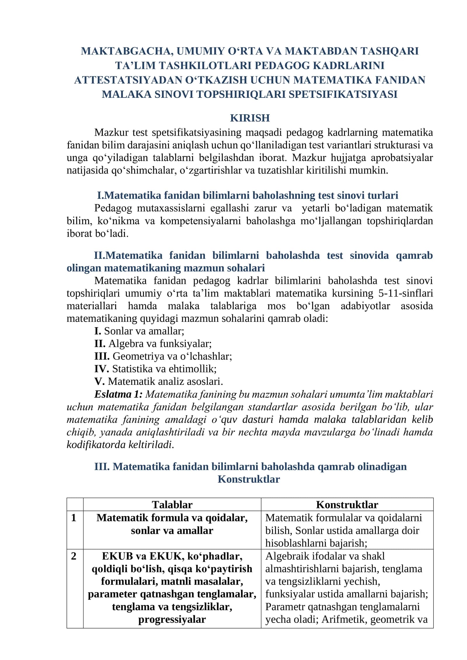 Mazkur test spetsifikatsiyasining maqsadi pedagog kadrlarning matematika fanidan bilim darajasini aniqlash uchun qoʻllaniladigan test variantlari strukturasi va unga qoʻyiladigan talablarni belgilashdan iborat