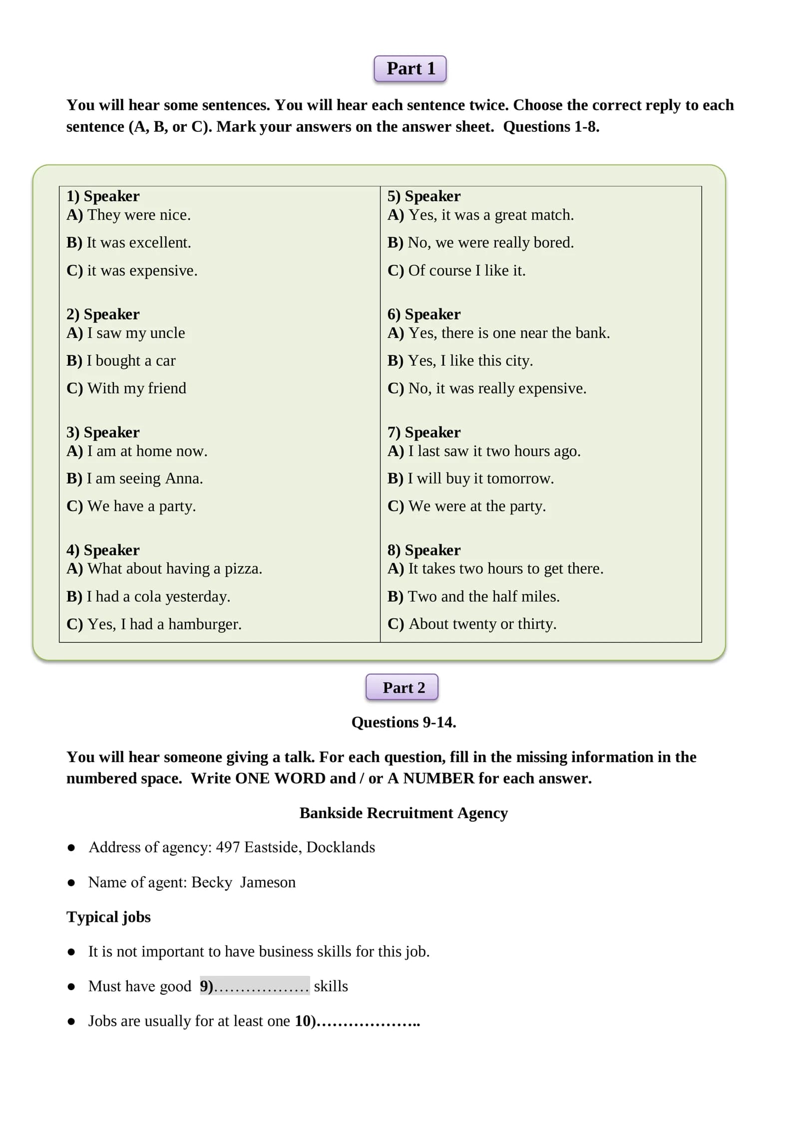 Part 1 Listening Comprehension Questions