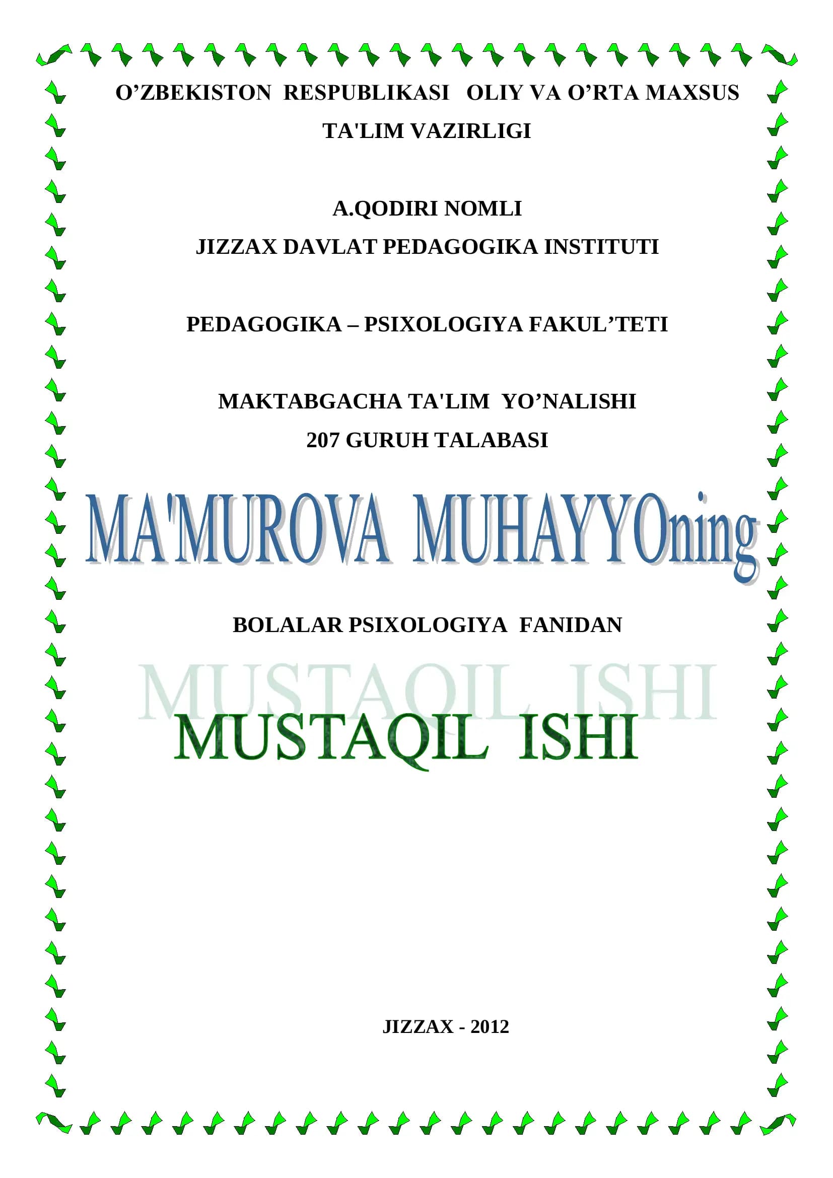 O’yin Bоg’chа Yoshidagi Bolalarda Etakchi Faoliyat