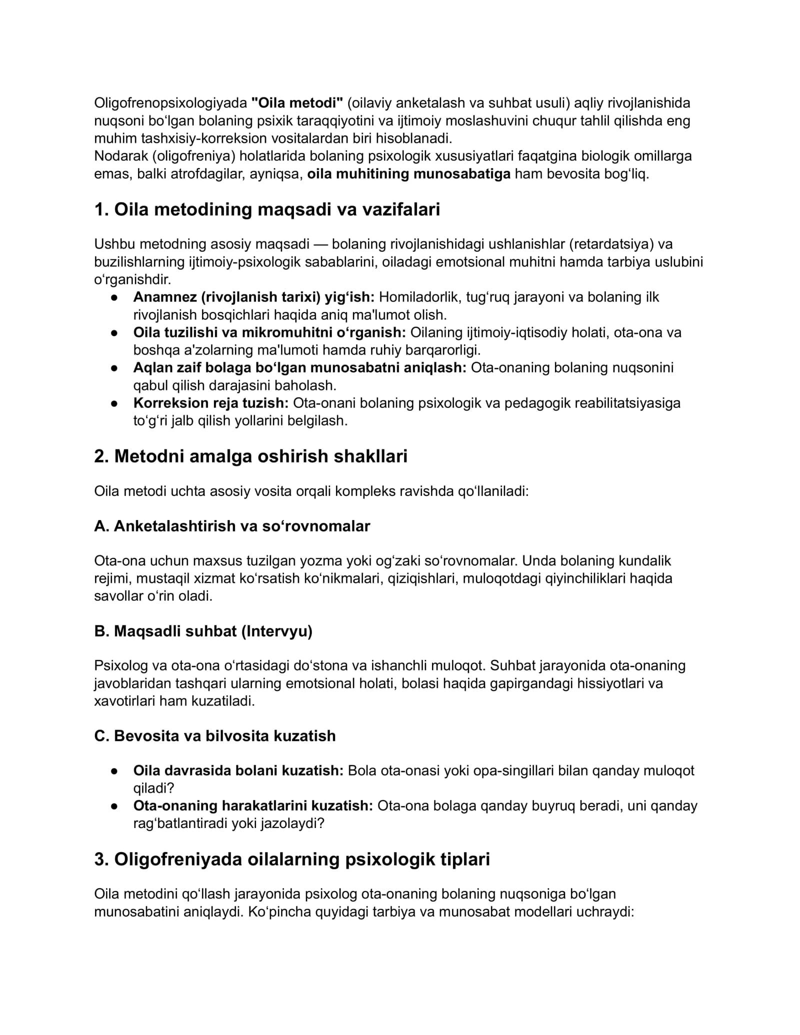 Oligofrenopsixologiyada "Oila metodi"