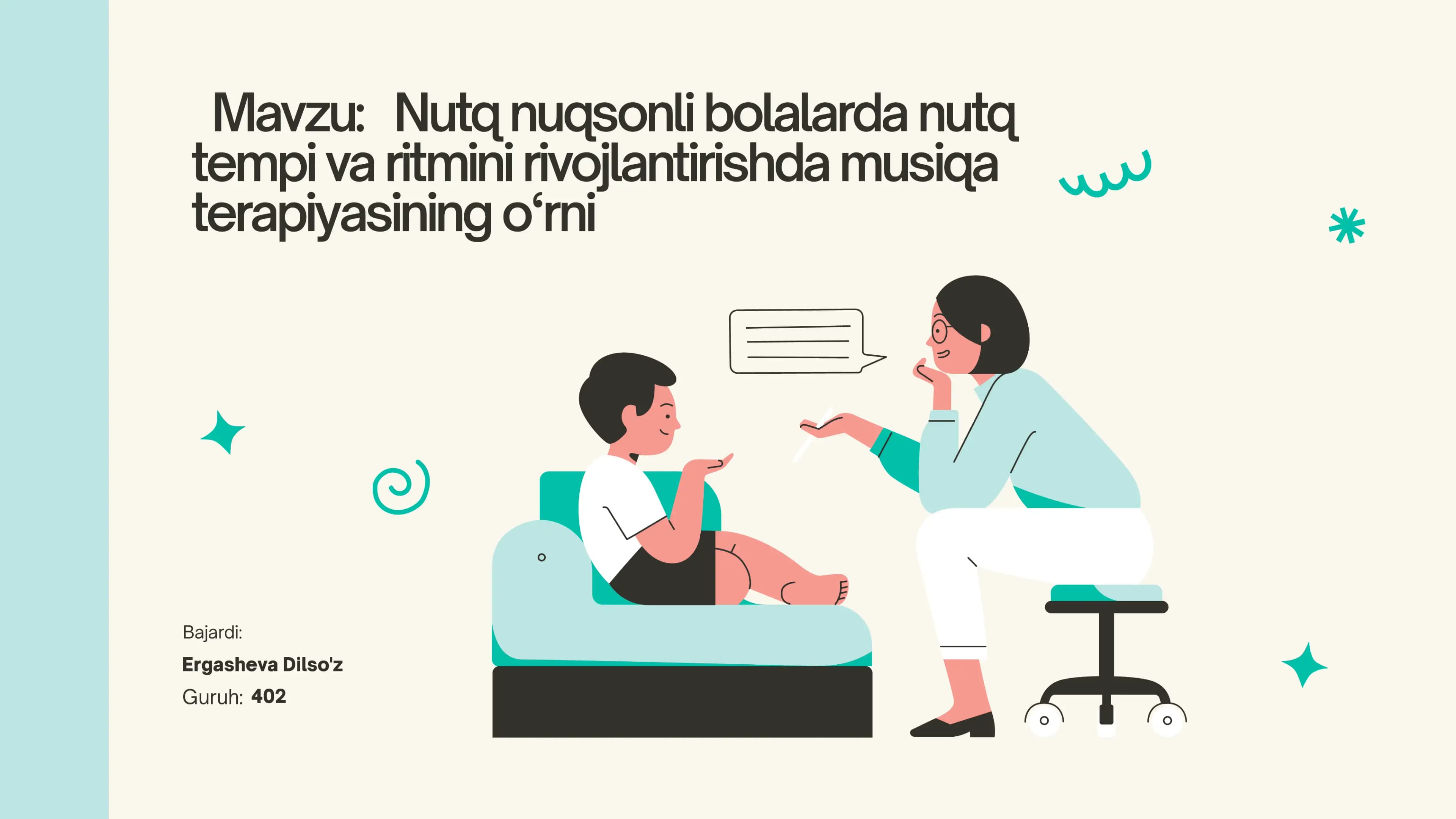 Nutq nuqsonli bolalarda nutq tempi va terapiyasining òrni  musiqa  ritmini rivojlantirishda