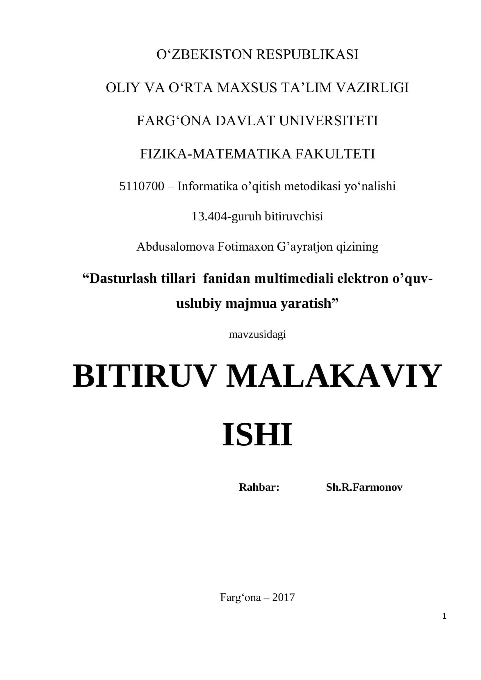 "Dasturlash tillari fanidan multimediali elektrоn o’quv-uslubiy majmua yaratish"