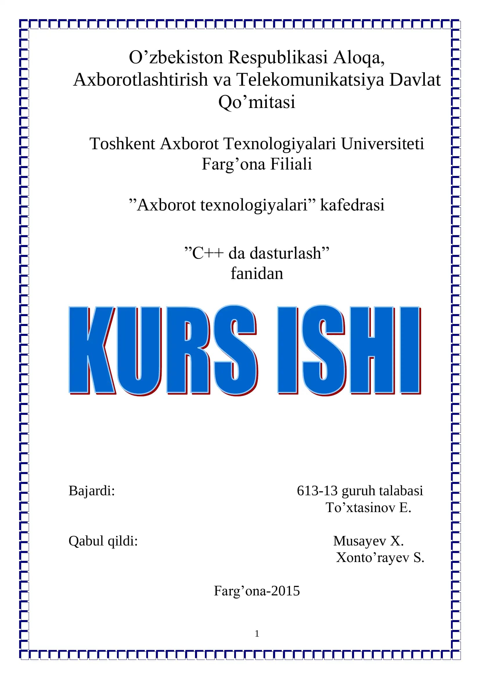 N tartibli chiziqli algebraic tenglamalar sisremasini(Chats) yechimini topish dasturini tuzish