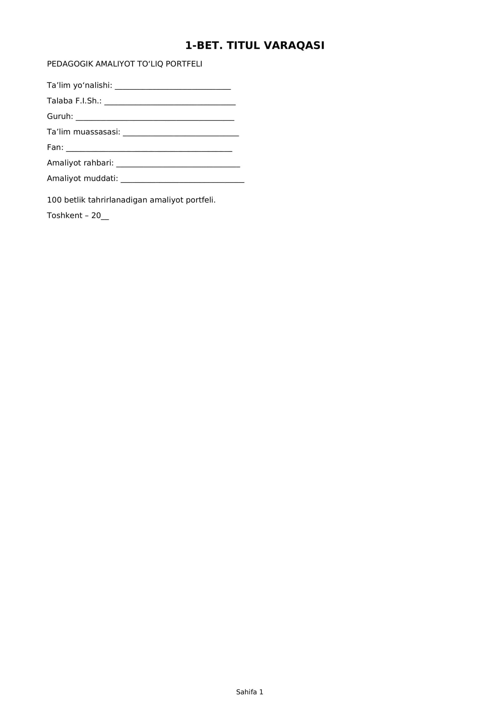 : Pedagogik amaliyot to‘liq portfeli — 100 bet, Word + PDF