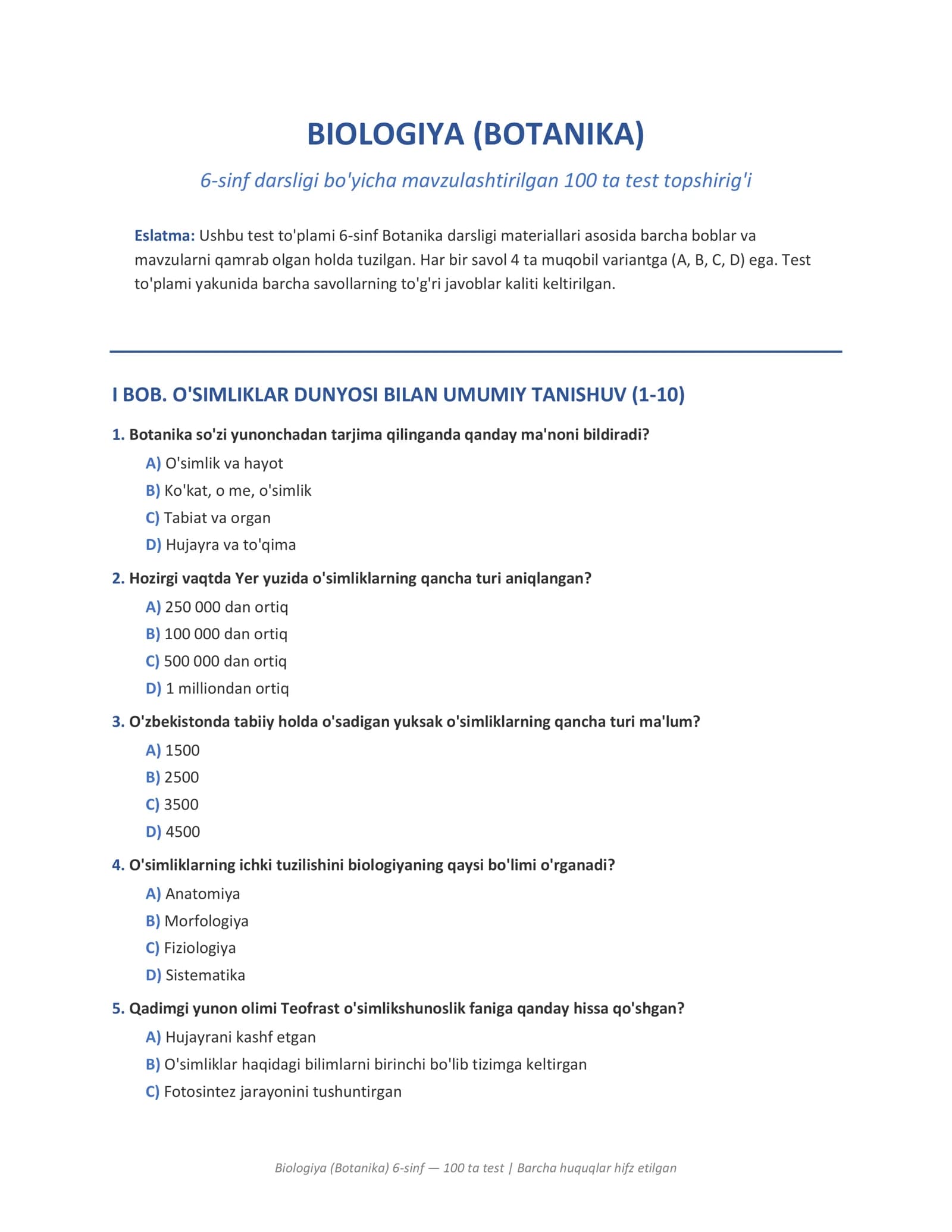 Biologiya (Botanika) 6-sinf — 100 ta test | Barcha huquqlar hifz etilgan