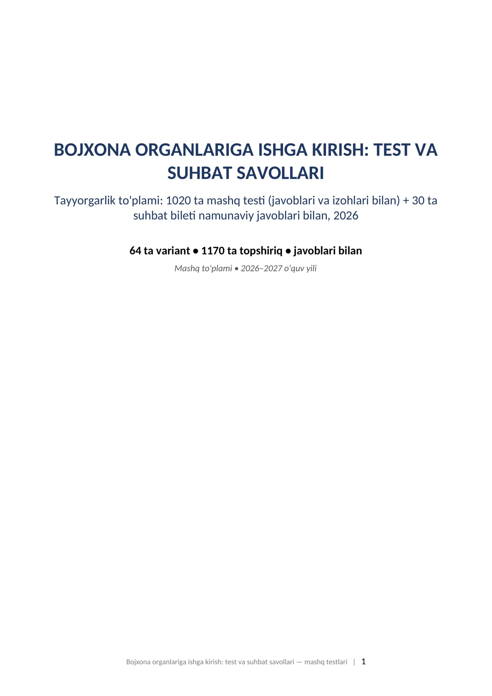 Bojxona ishga kirish test savollari 2026 javoblari bilan va suhbat savollari tayyorgarlik toplami.  BOJXONA ORGANLARIGA ISHGA KIRISH: TEST VA SUHBAT SAVOLLARI Tayyorgarlik to'plami: 1020 ta mashq testi (javoblari va izohlari bilan) + 30 ta suhbat bileti namunaviy javoblari bilan, 2026