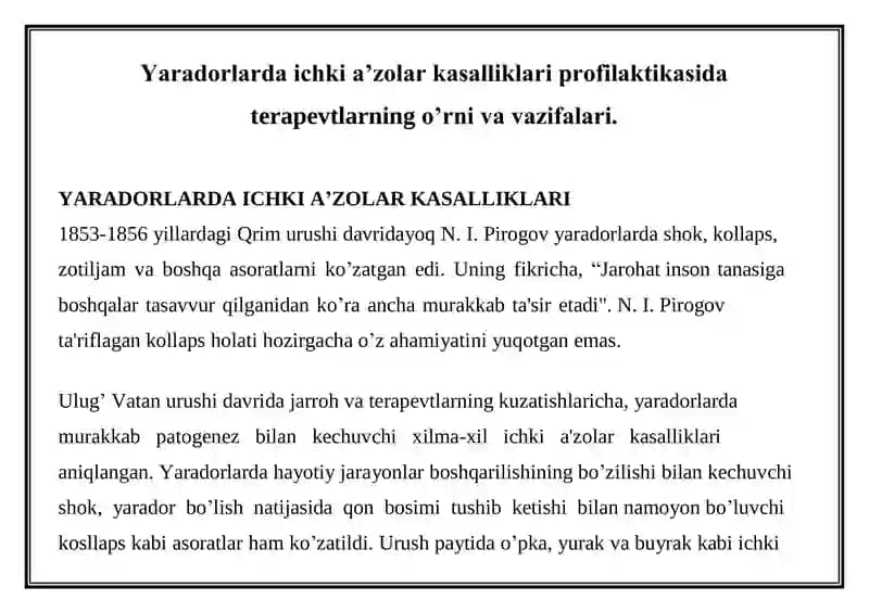 Yaradorlarda Ichki A'zolar Kasalliklari Profilaktikasi