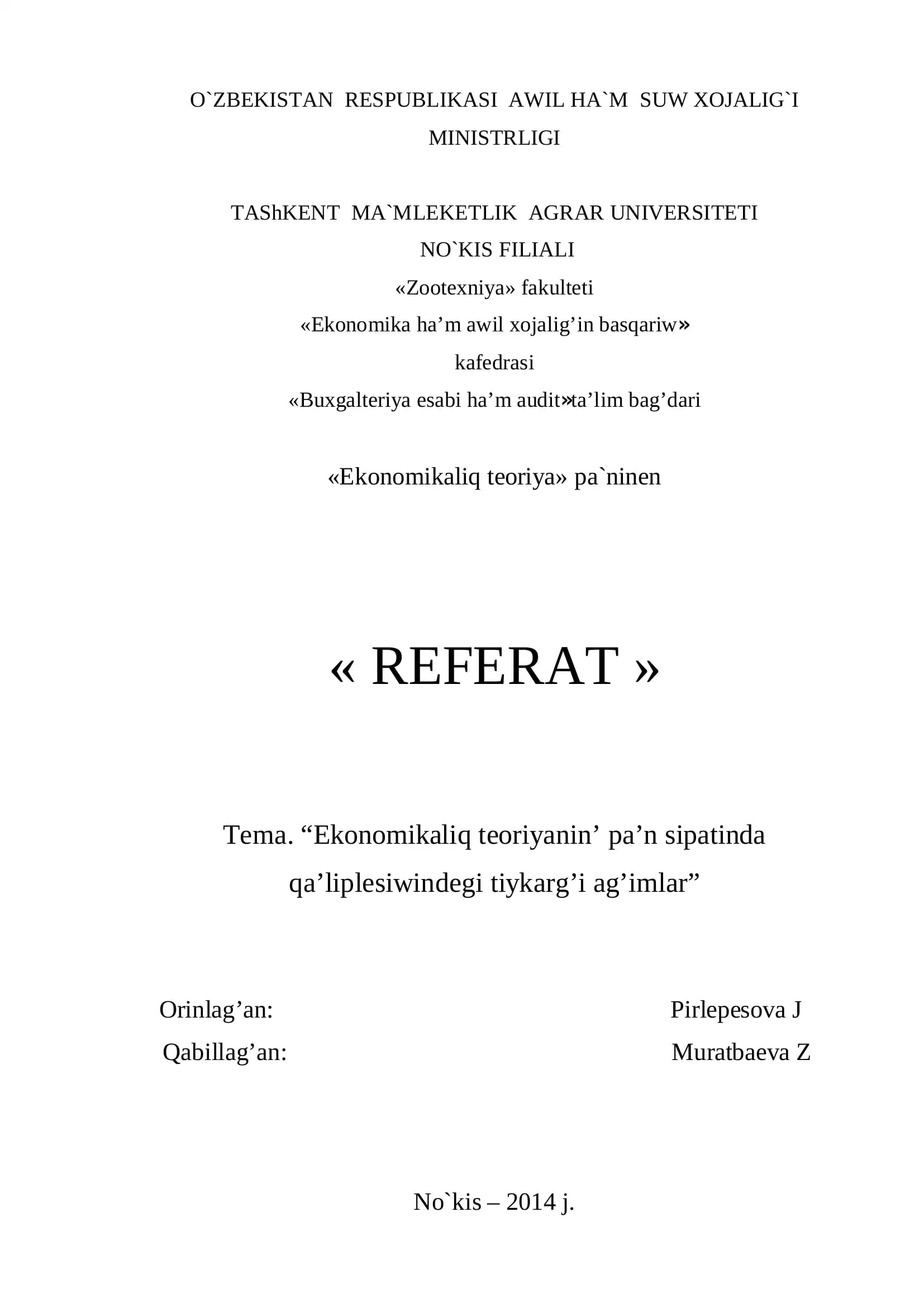 Ekonomikaliq Teoriya Referat