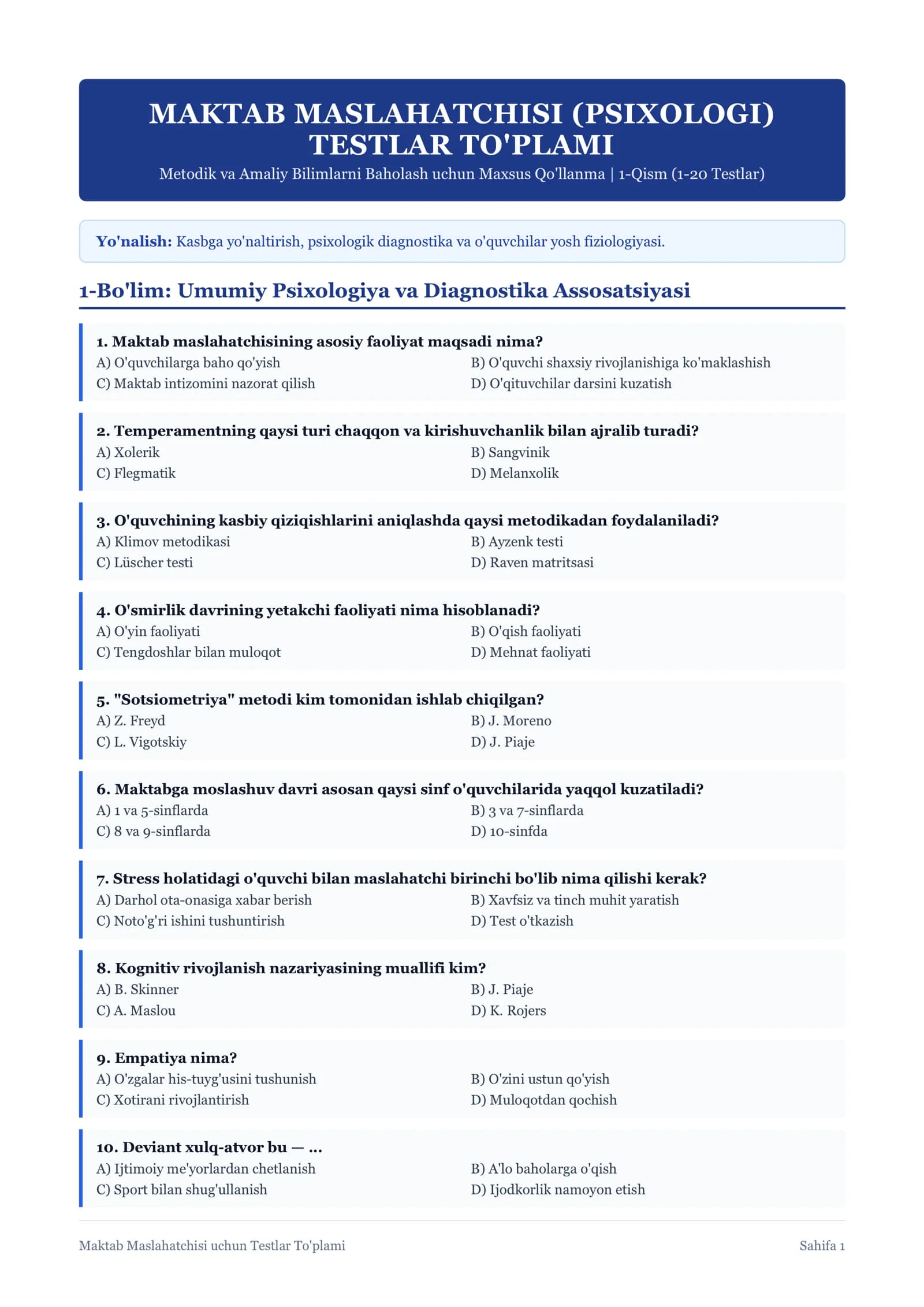 Maktab Maslahatchisi va Psixologi uchun Testlar To'plami (javiblari bilan)
