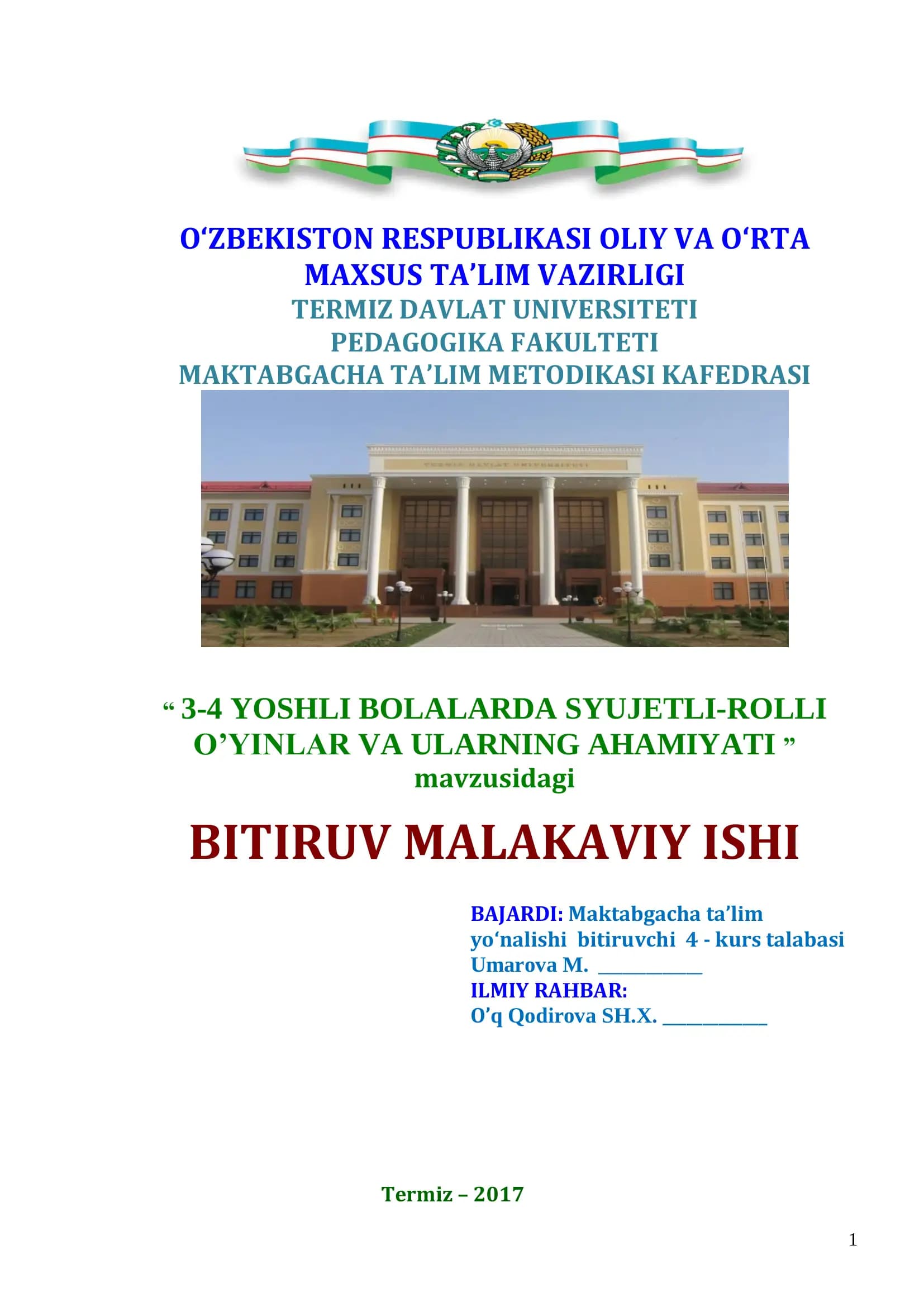 3-4 YOSHLI BOLALARDA SYUJETLI-ROLLI O’YINLAR VA ULARNING AHAMIYATI