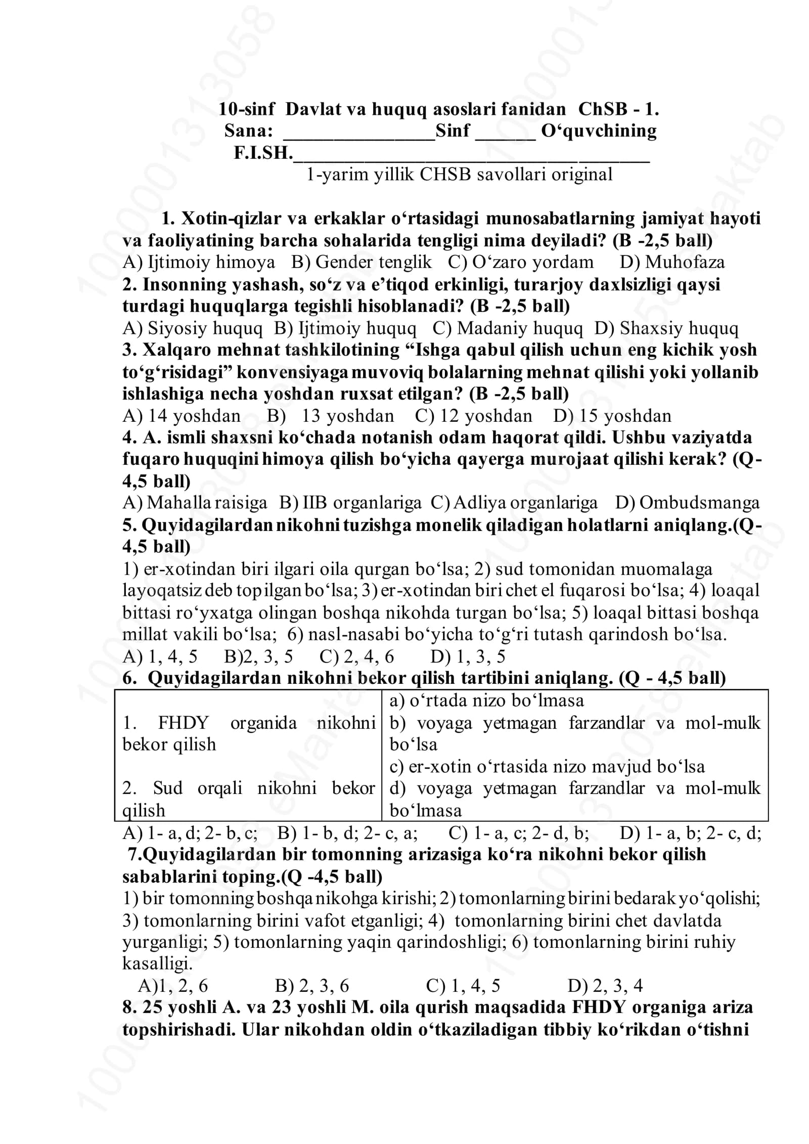 10-sinf Davlat va huquq asoslari fanidan ChSB - 1