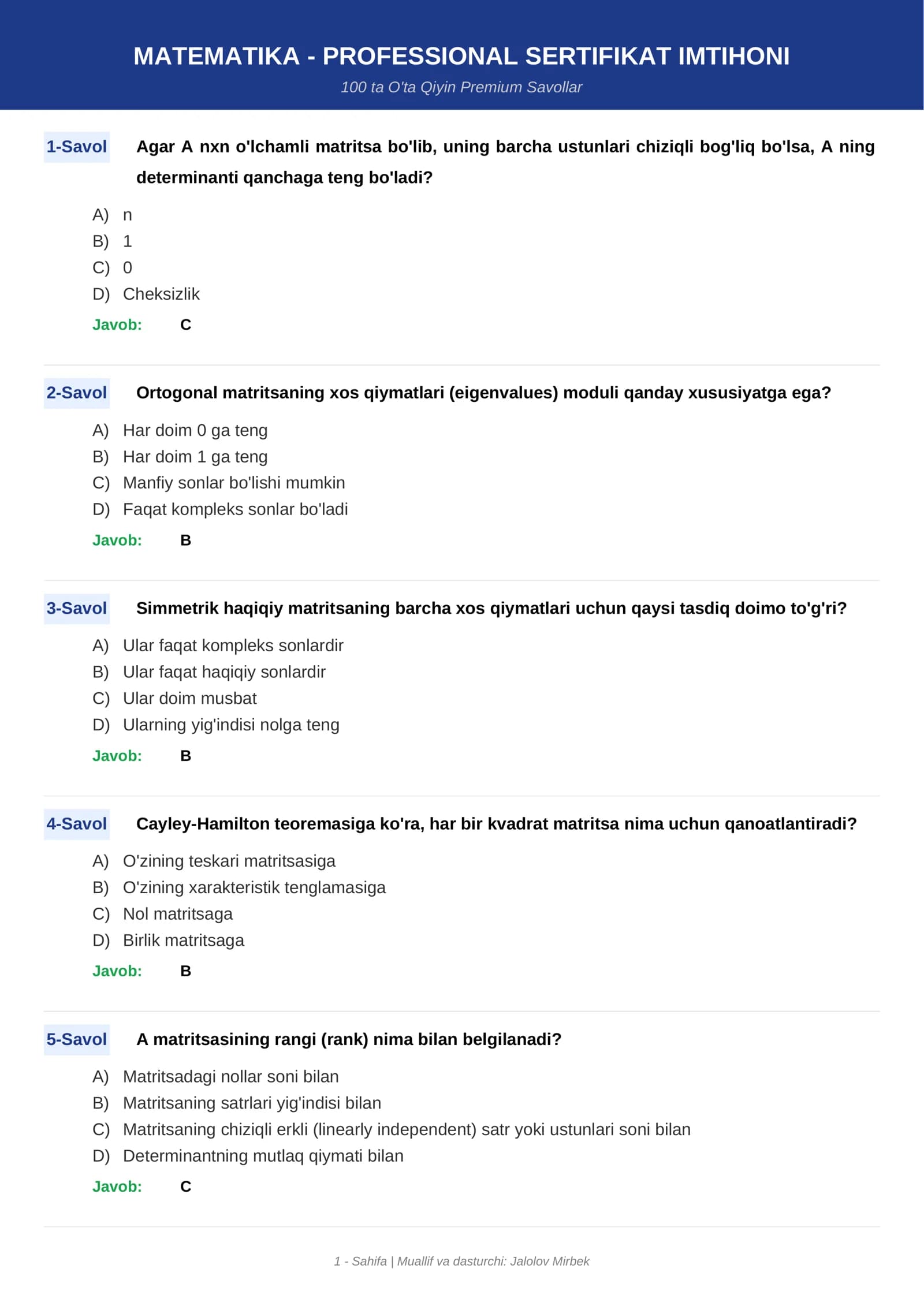 MATEMATIKA - PROFESSIONAL SERTIFIKAT IMTIHONI