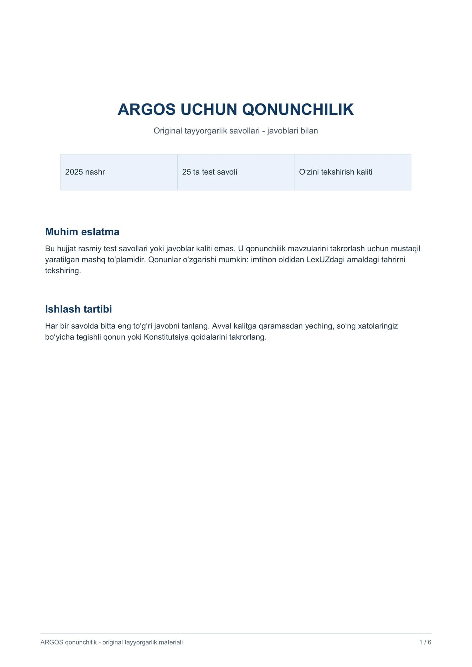 ARGOS Davlat xizmatini rivojlantirish agentligi test savollari va javoblari (Qonunchilik - 2025/2026)