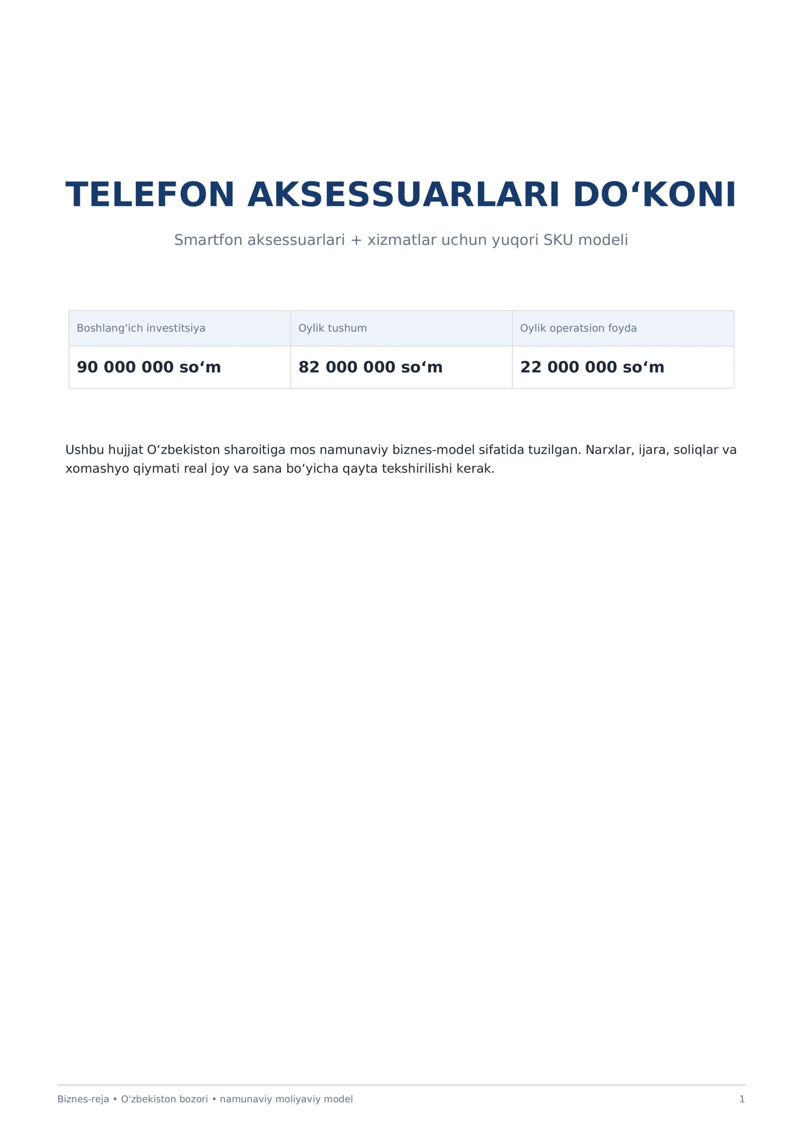 Mukammal TELEFON AKSESSUARLAR DO'KONI biznes rejasi