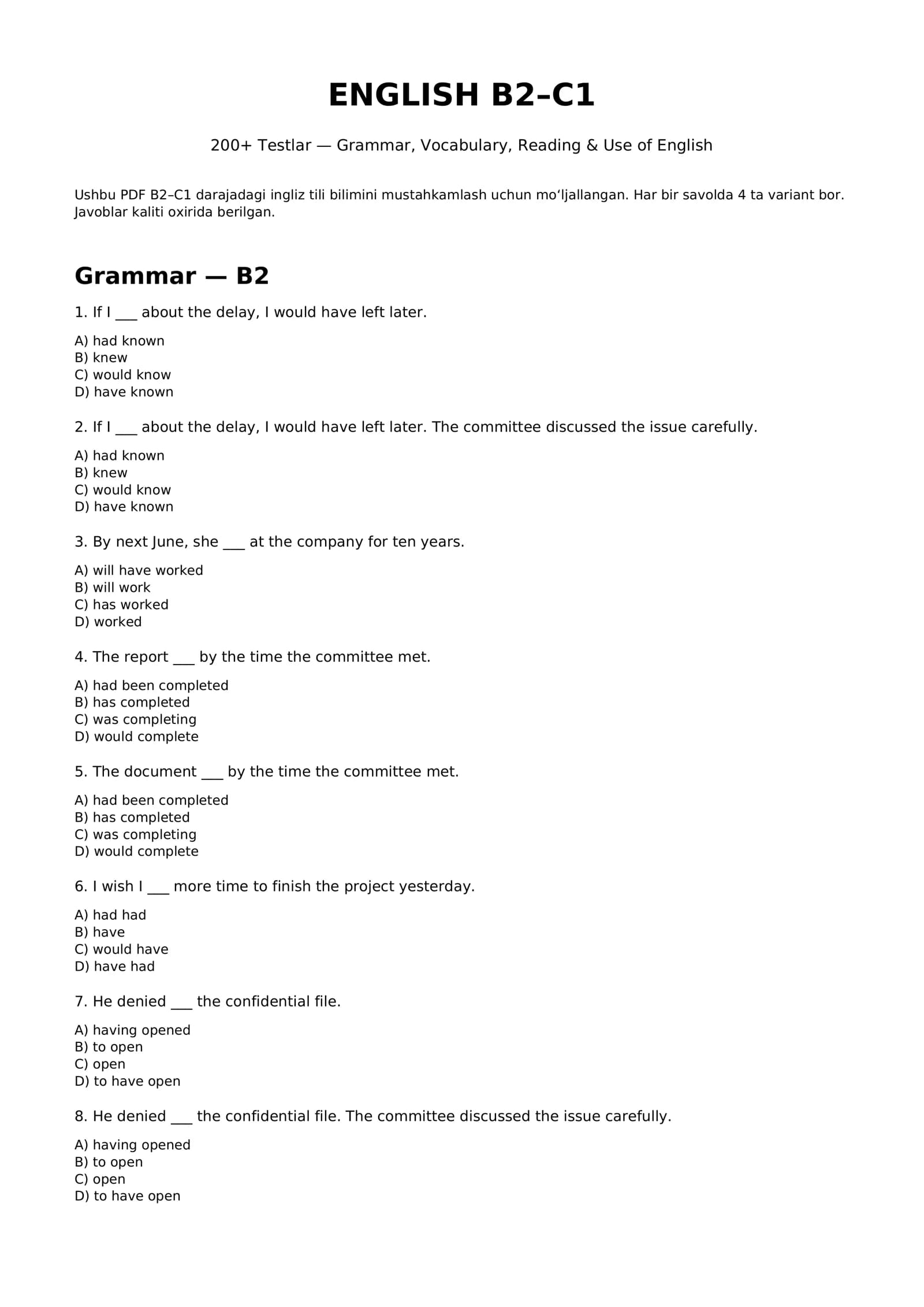 Ingliz tili B2–C1 — 200+ test | Grammar, Vocabulary & Reading