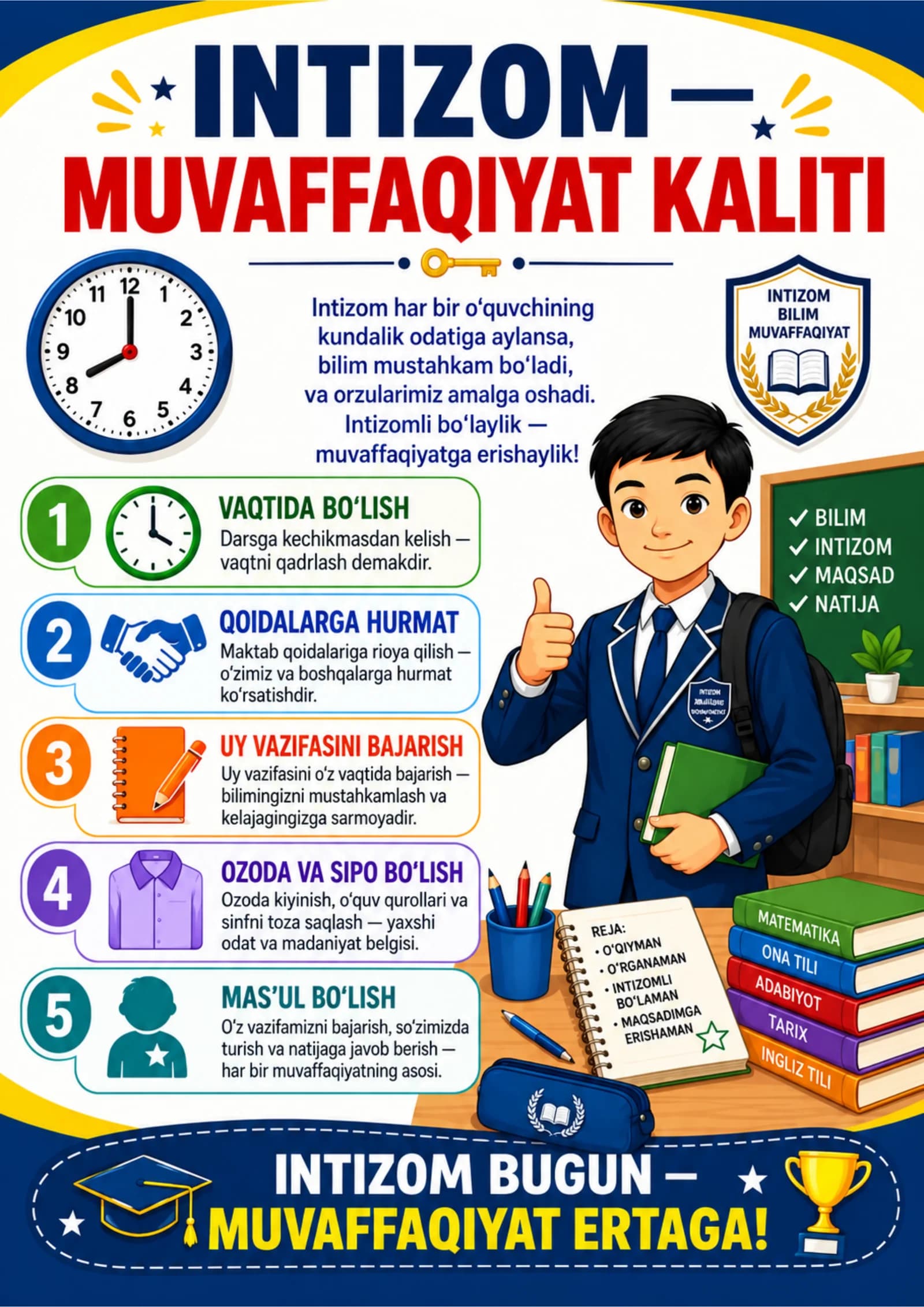 Sinf xonasi uchun 10 ta rangli tarbiyaviy plakat — PDF to‘plam