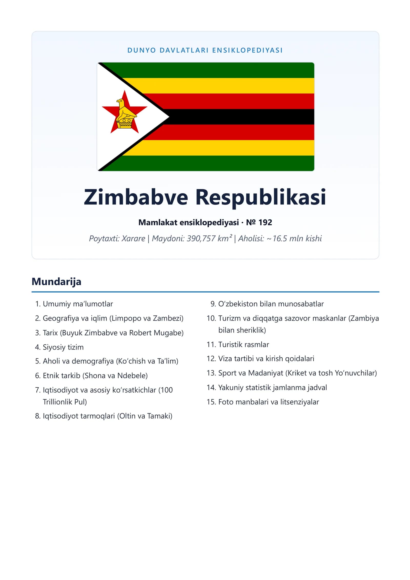 Zimbabve Respublikasi Mamlakat ensiklopediyasi