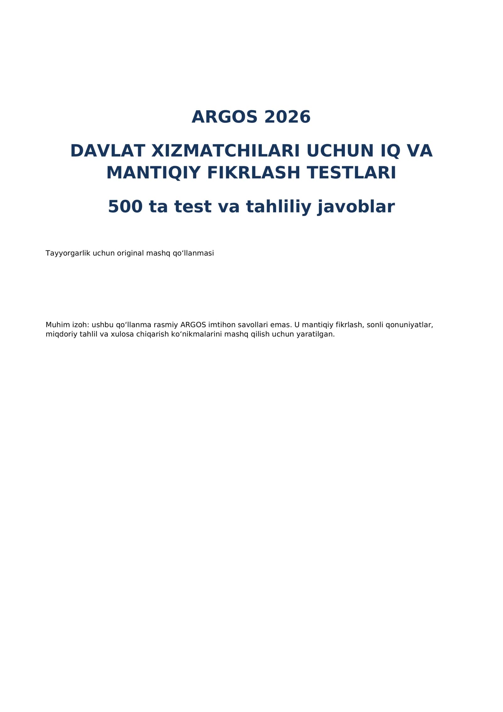ARGOS 2026: Davlat xizmatchilari uchun IQ va Mantiqiy fikrlash testlari + to'liq tahliliy javoblar
