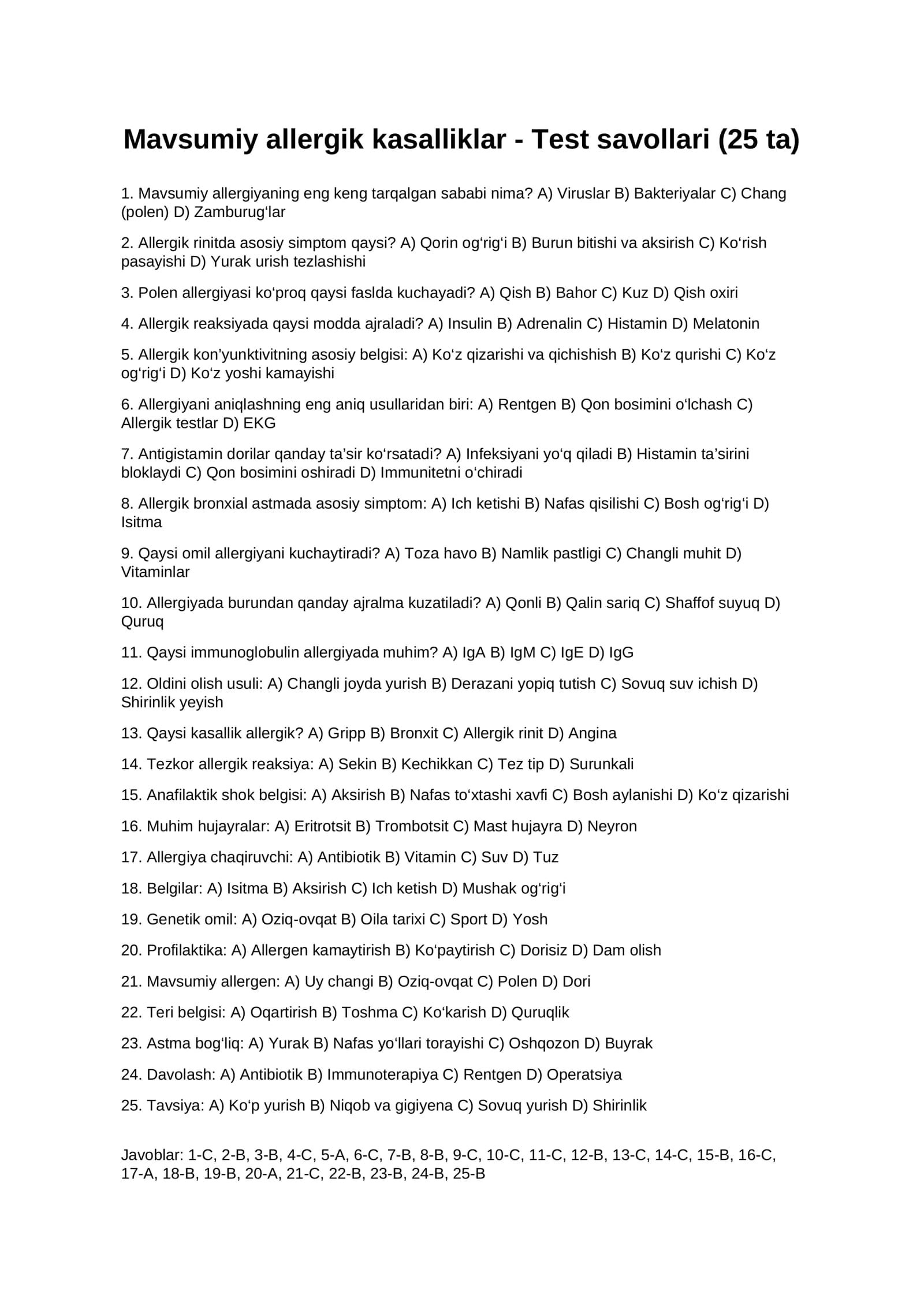 Mavsumiy allergik kasalliklar - Test savollari (25 ta)