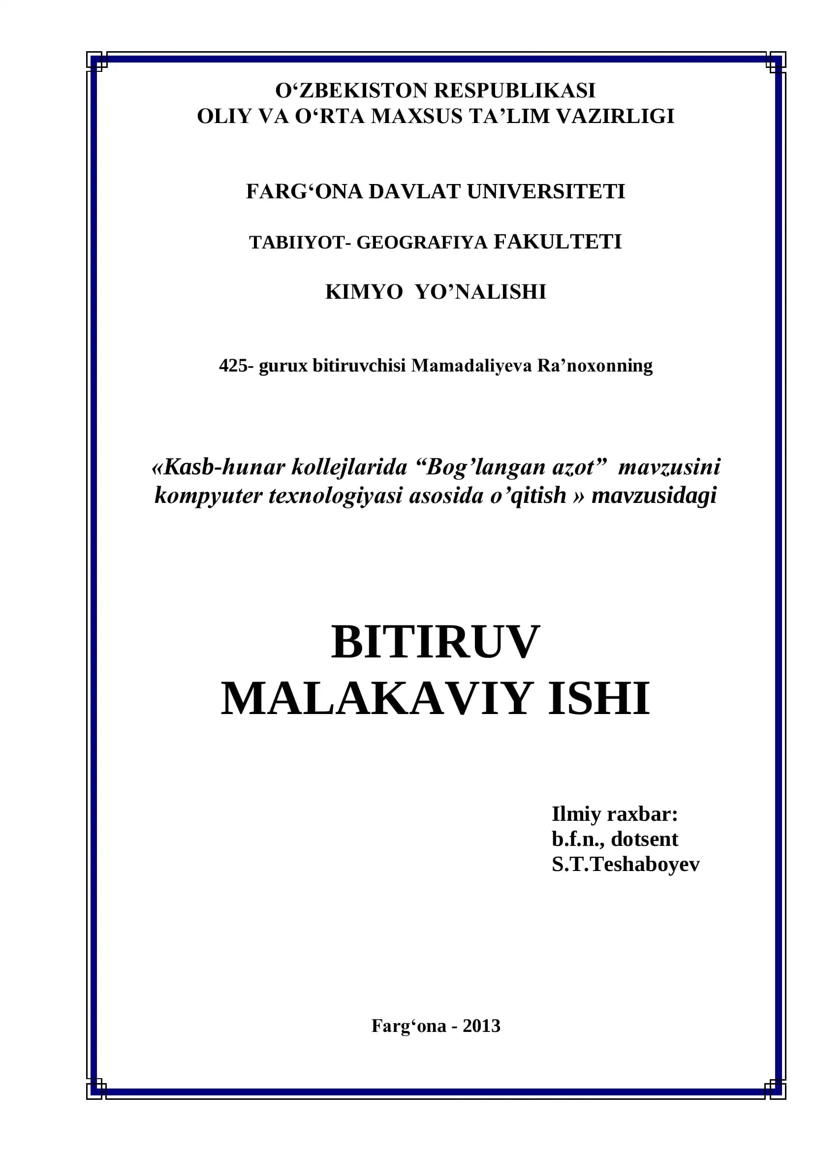 Mamadaliyeva Ra‟noxonning bitiruvi