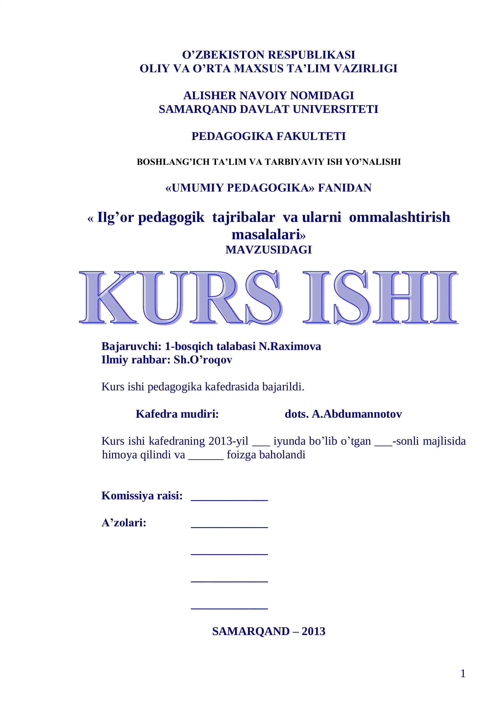 Ilg’or pedagogik tajribalar va ularni ommalashtirish masalalari