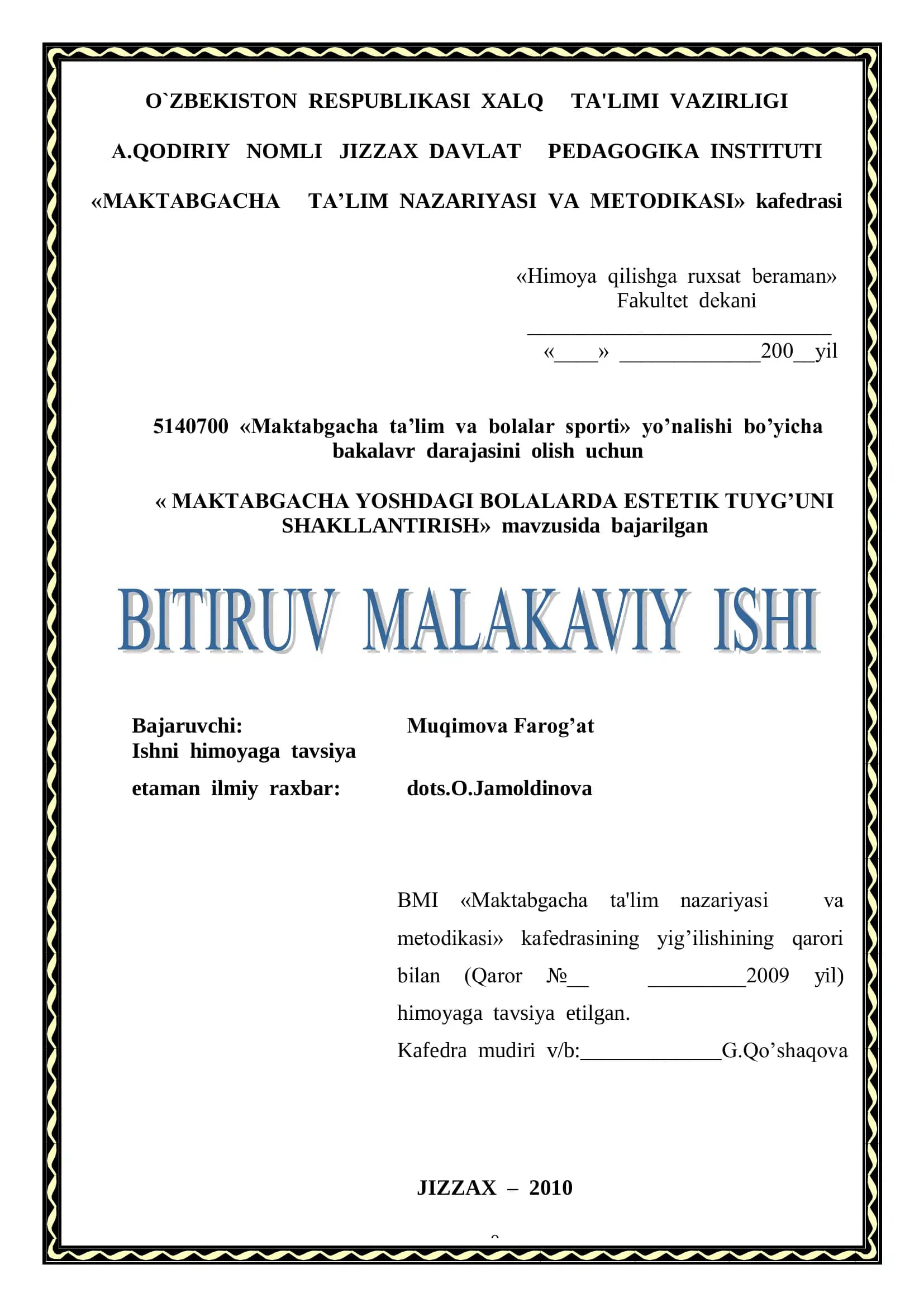 MAKTABGACHA YOSHDAGI BOLALARDA ESTЕTIK TUYG’UNI SHAKLLANTIRISH
