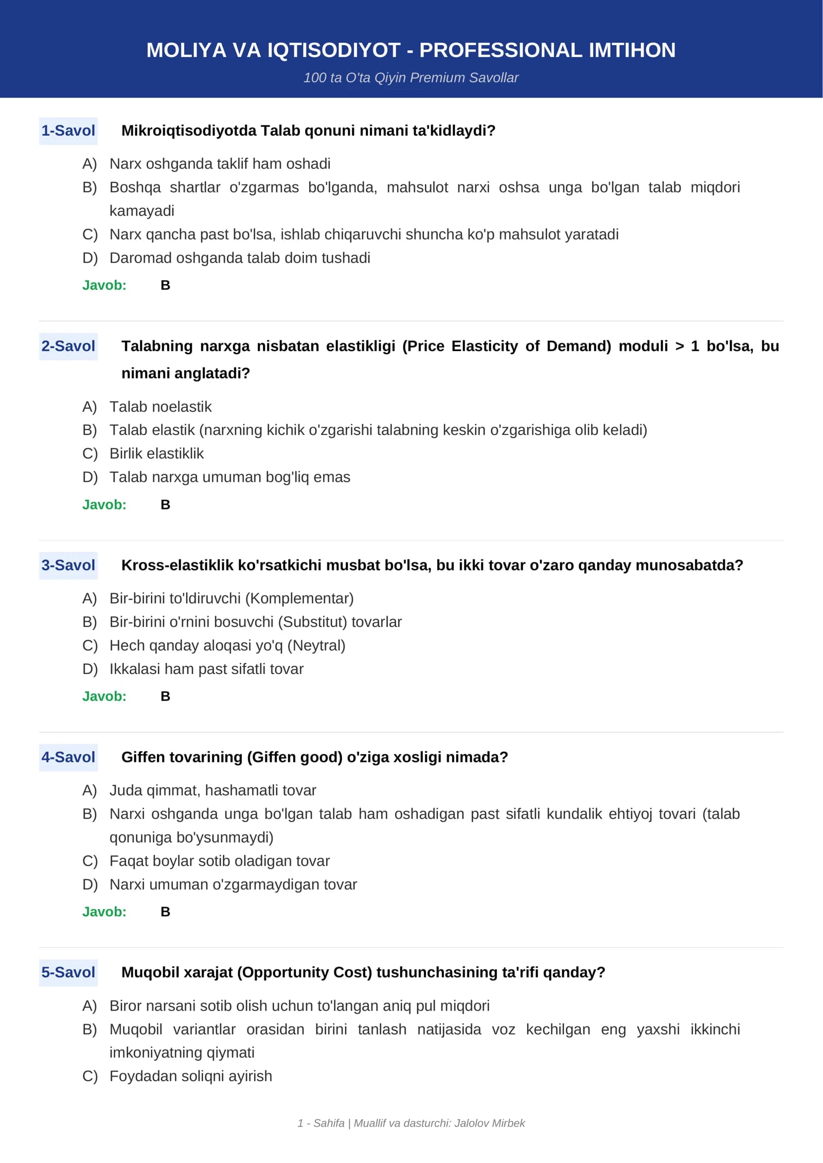 Moliya va Iqtisodiyot – Professional Imtihon