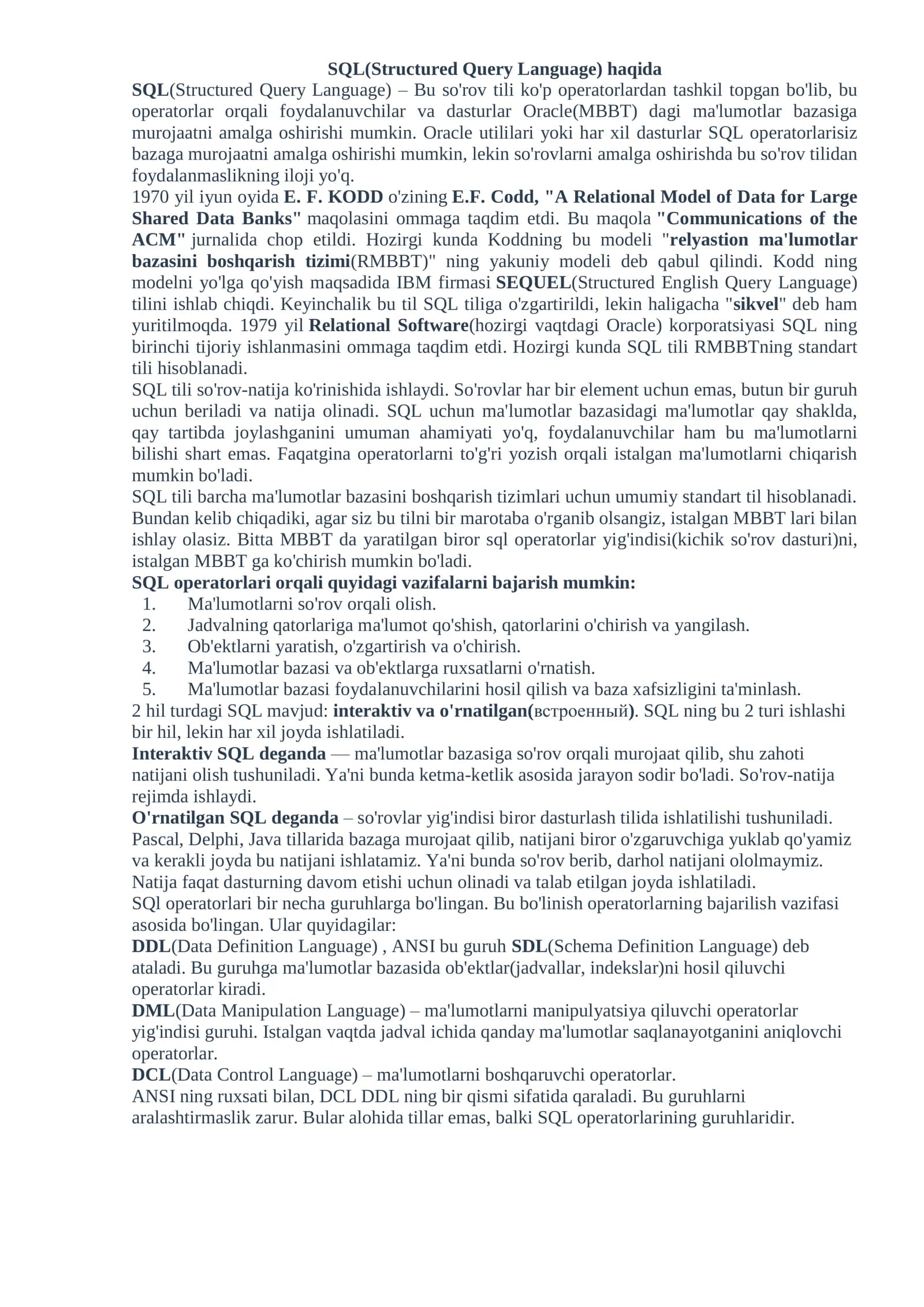 SQL(Structured Query Language) haqida