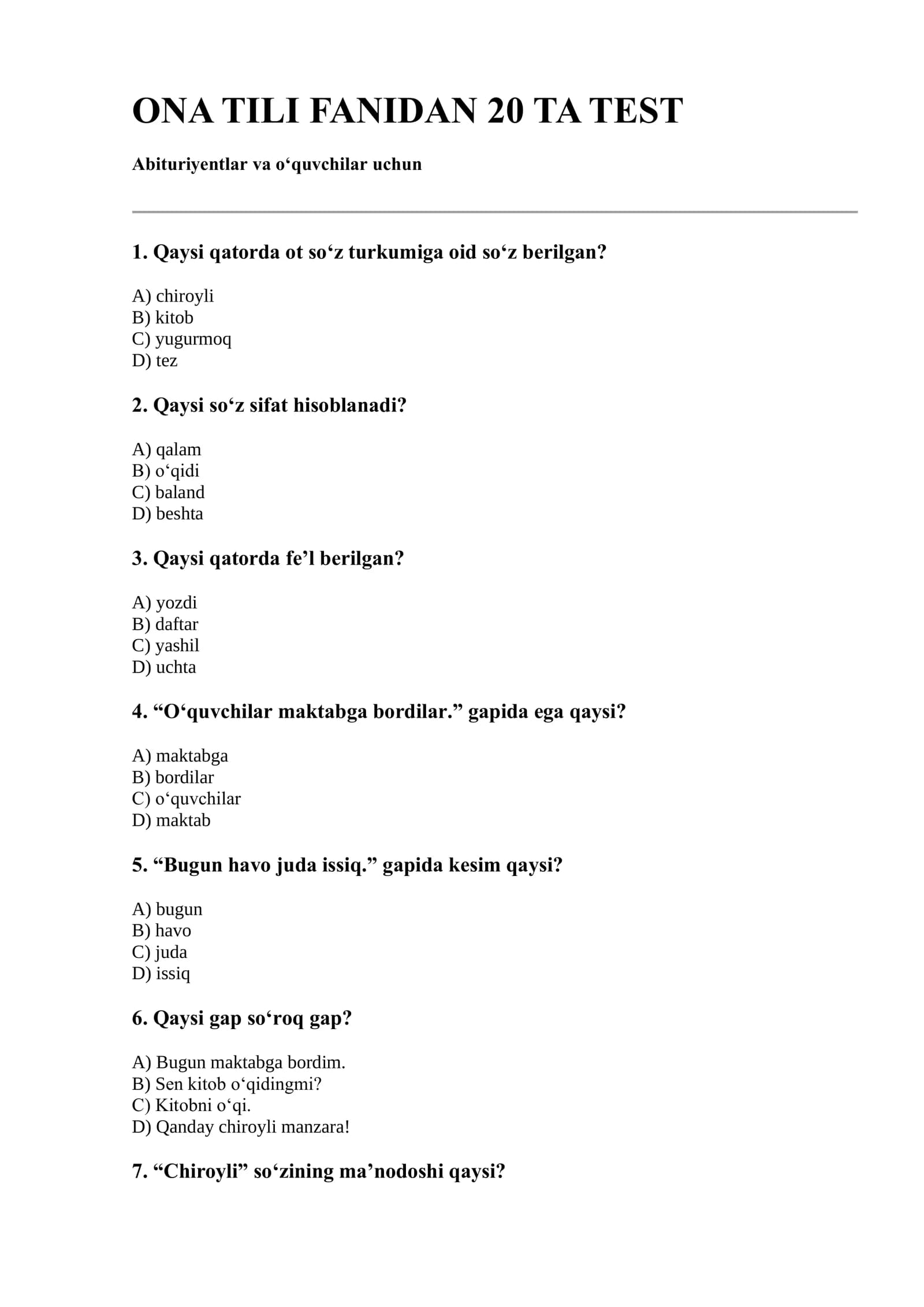 ONA TILI FANIDAN 20 TA TEST
